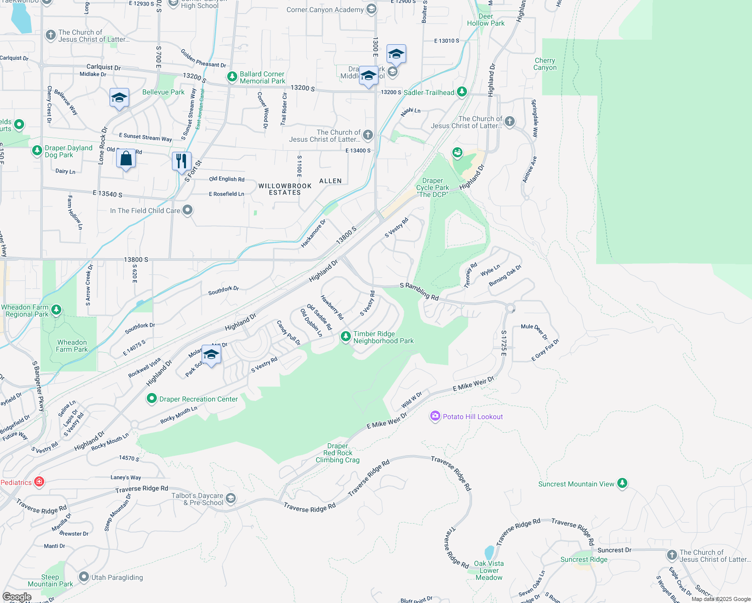 map of restaurants, bars, coffee shops, grocery stores, and more near 13946 Timber Ridge Drive in Draper