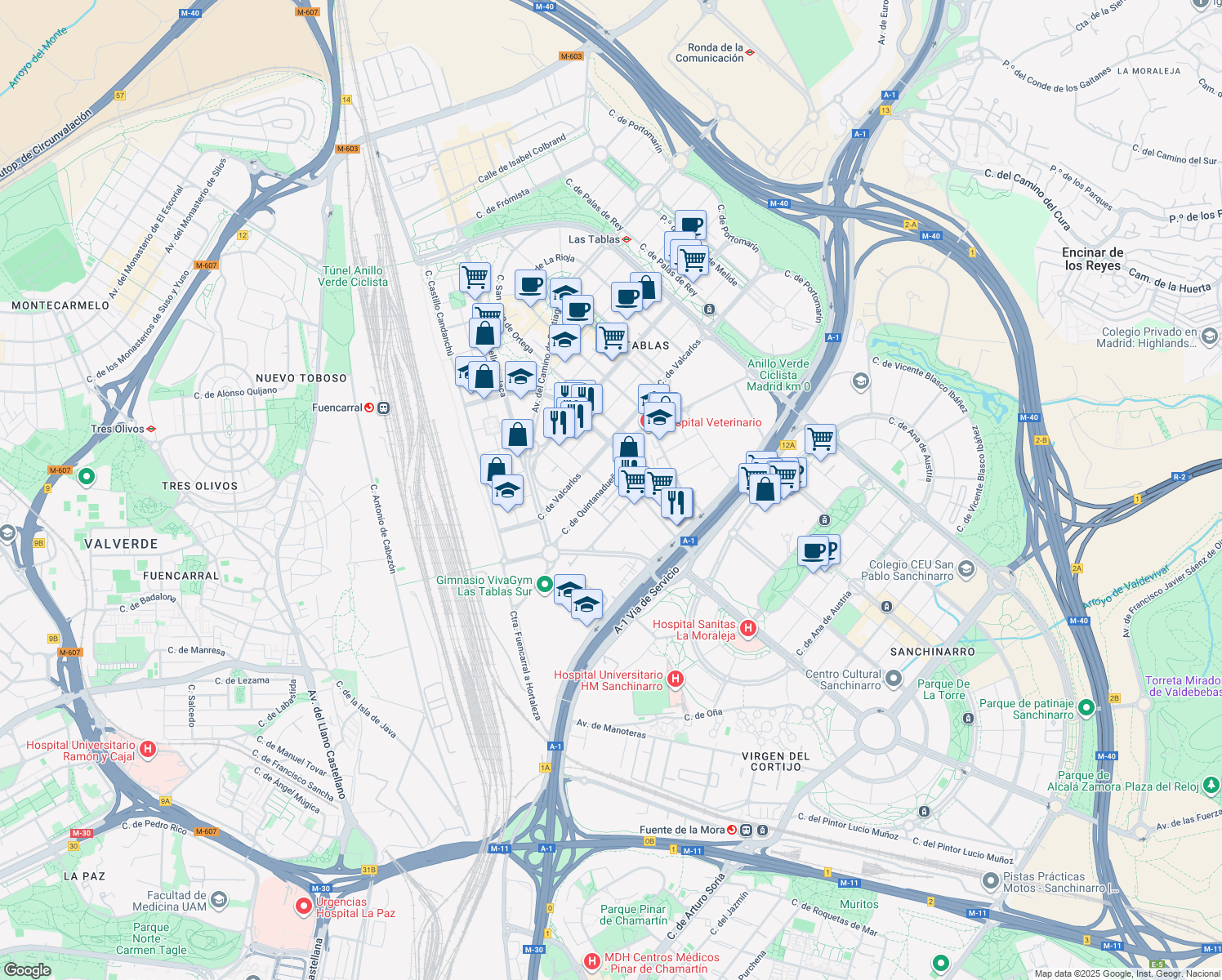 map of restaurants, bars, coffee shops, grocery stores, and more near 17 Calle Quintanavides in Madrid