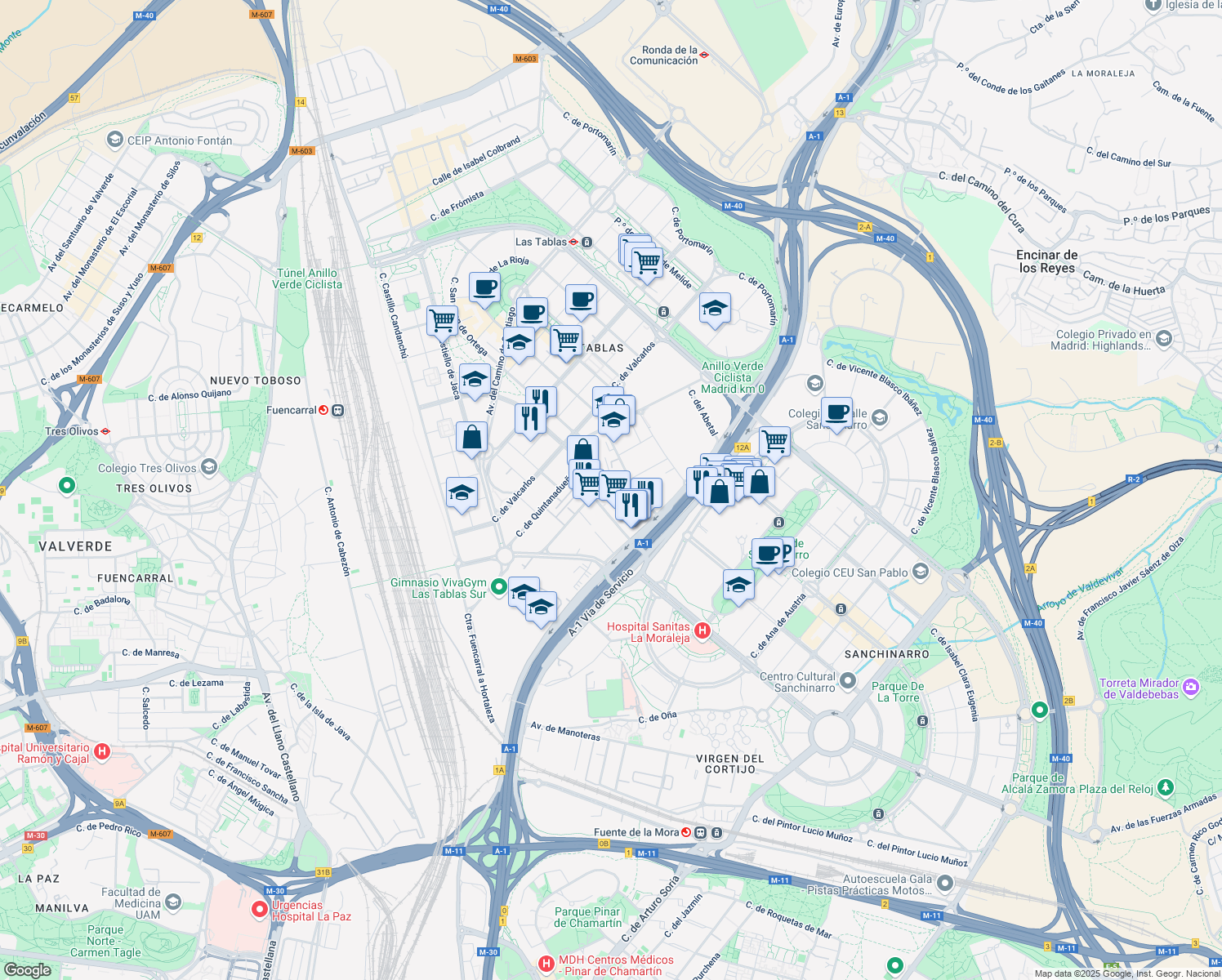 map of restaurants, bars, coffee shops, grocery stores, and more near 8 Calle de la Foresta in Madrid
