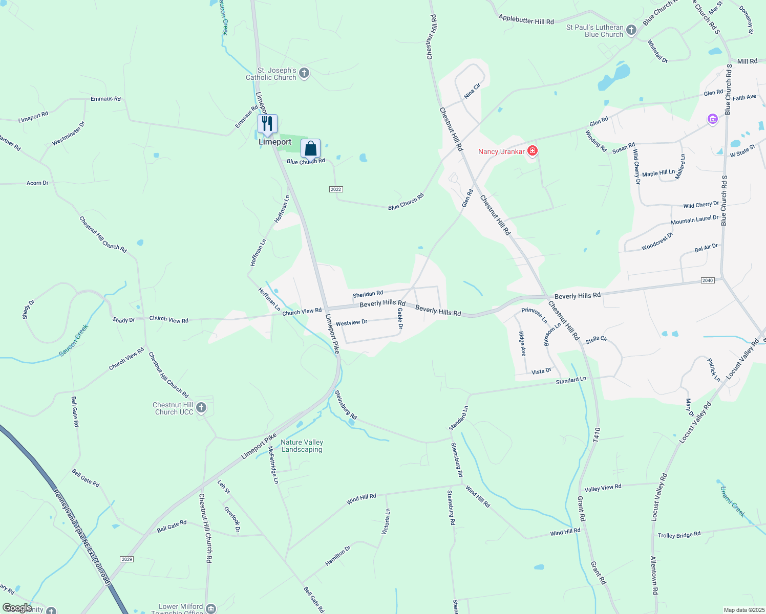 map of restaurants, bars, coffee shops, grocery stores, and more near 1496 Beverly Hills Road in Coopersburg