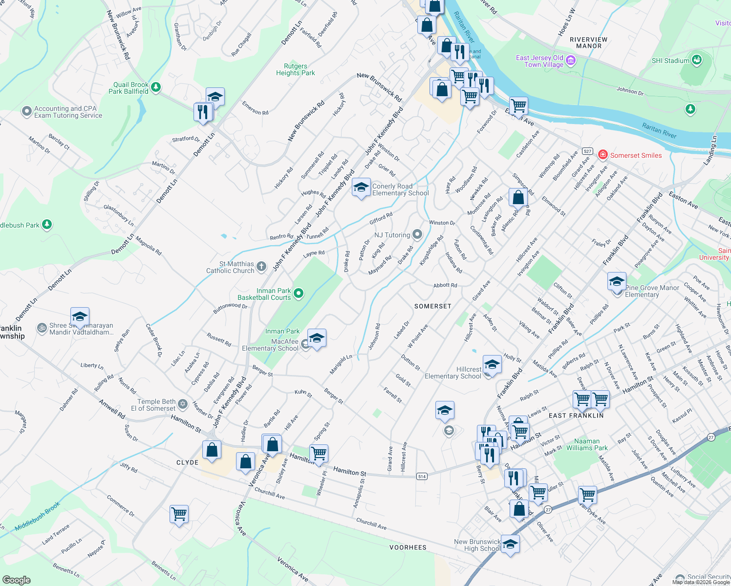 map of restaurants, bars, coffee shops, grocery stores, and more near 2 MacAfee Rd in Franklin Township
