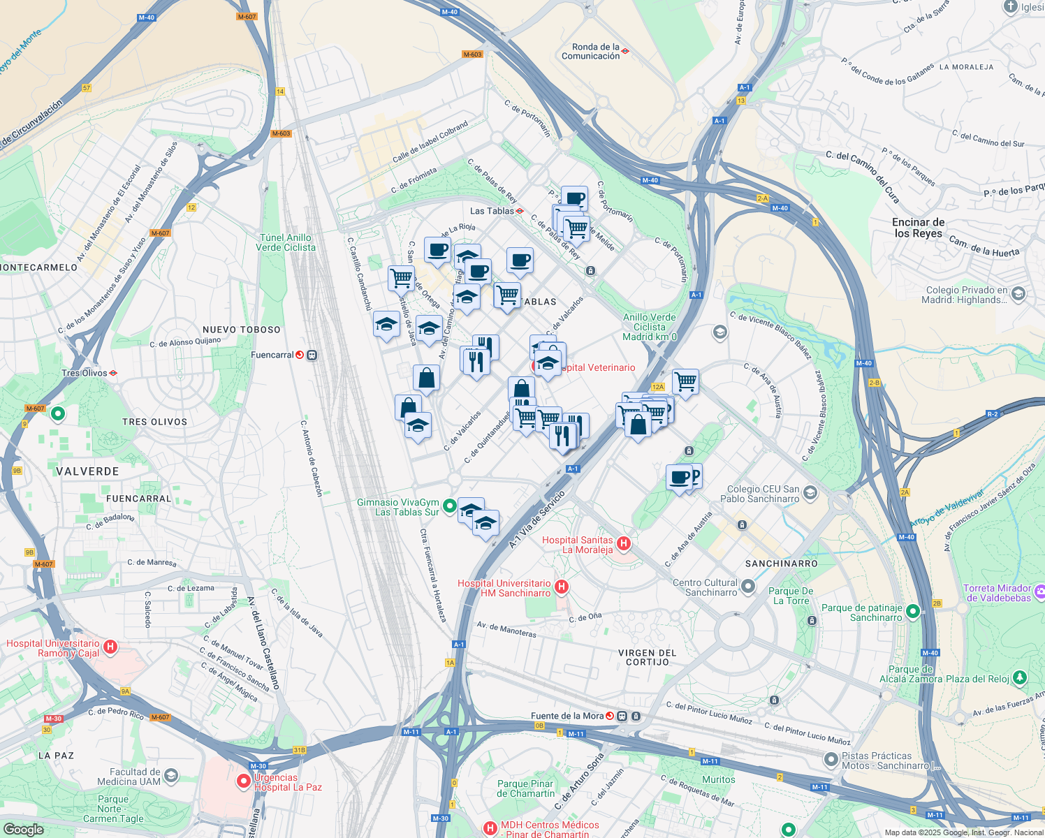 map of restaurants, bars, coffee shops, grocery stores, and more near 21 Calle Quintanavides in Madrid