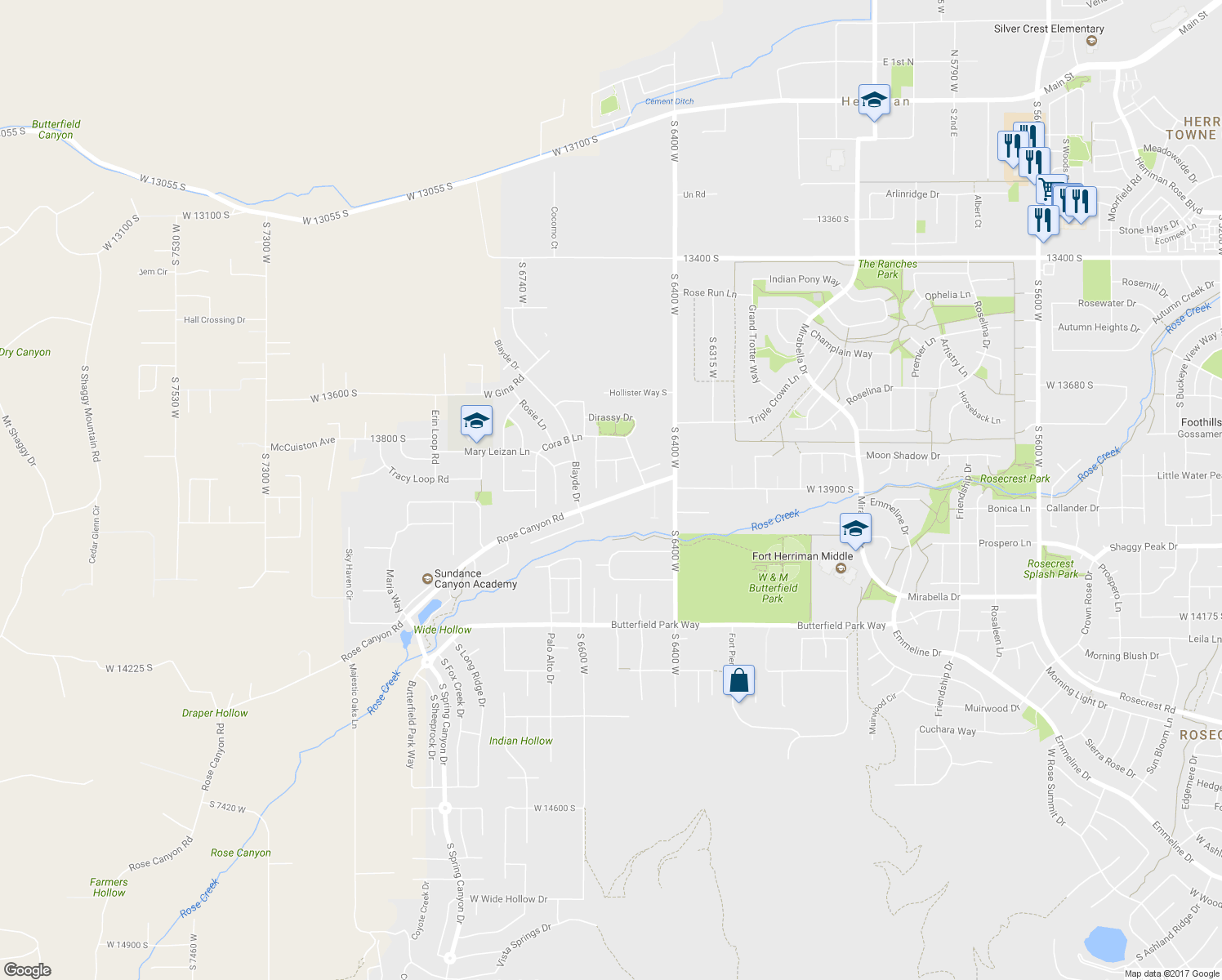 map of restaurants, bars, coffee shops, grocery stores, and more near 13888 Mary Loraine Circle in Herriman