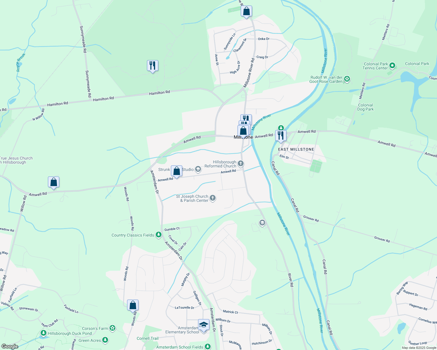 map of restaurants, bars, coffee shops, grocery stores, and more near 48 Amwell Road in Millstone