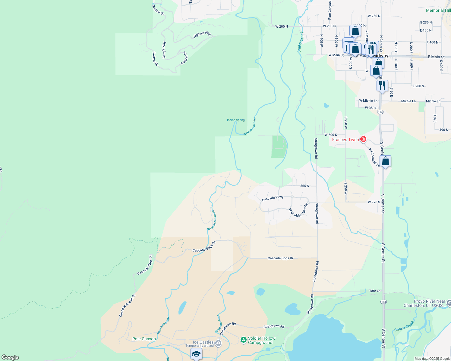map of restaurants, bars, coffee shops, grocery stores, and more near South Highlands Drive in Midway