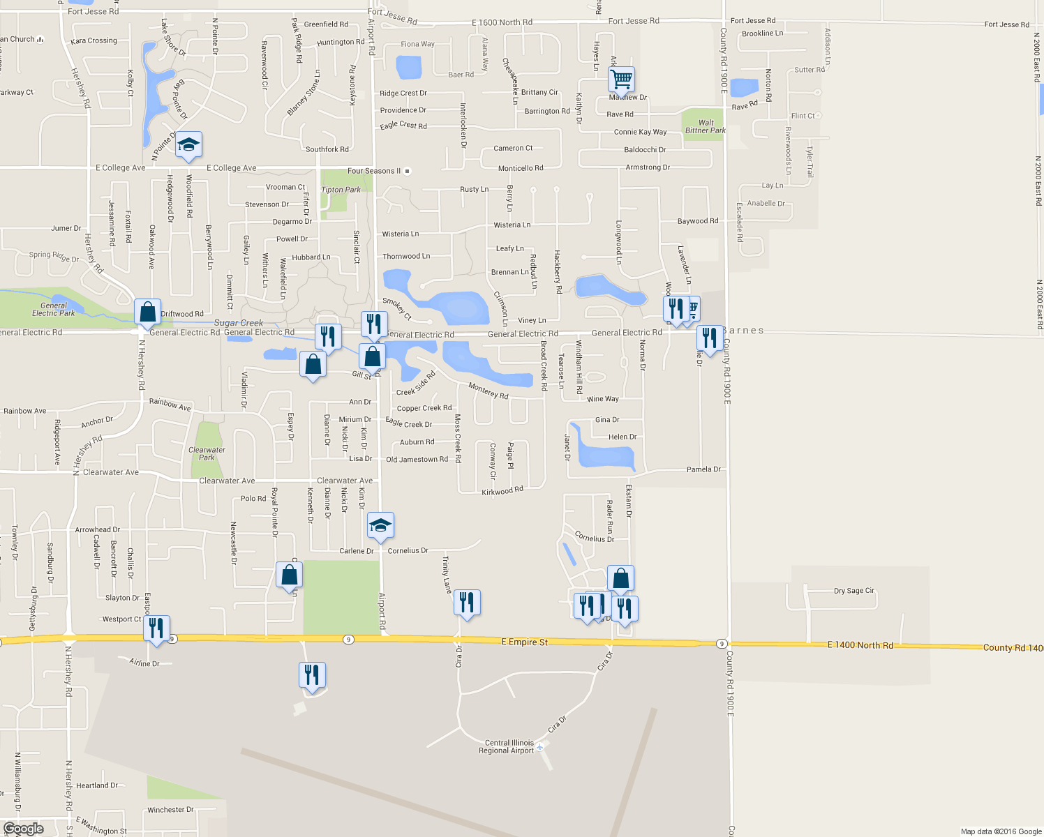 map of restaurants, bars, coffee shops, grocery stores, and more near 24 Waterside Circle in Bloomington