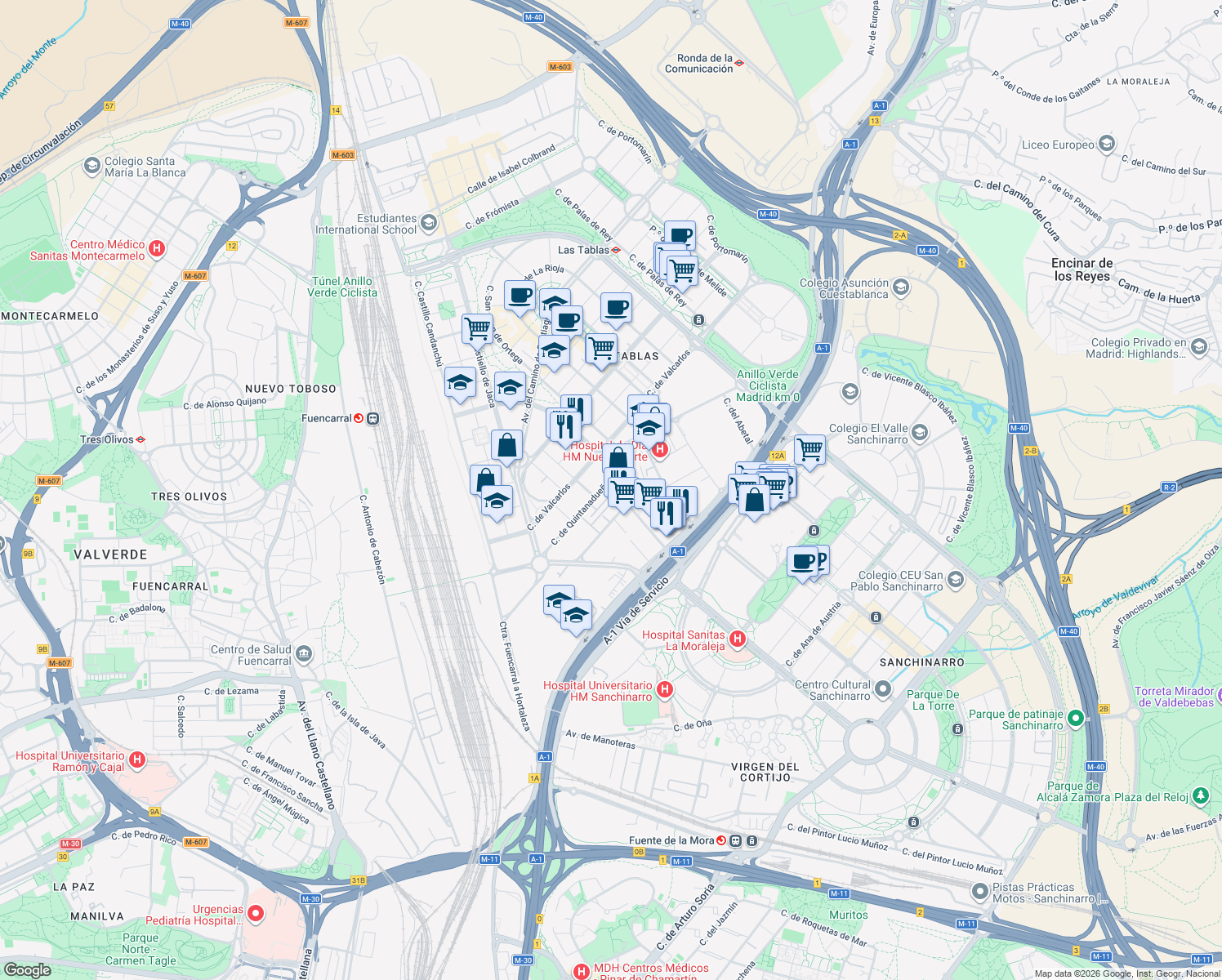 map of restaurants, bars, coffee shops, grocery stores, and more near 21 Calle Quintanavides in Madrid