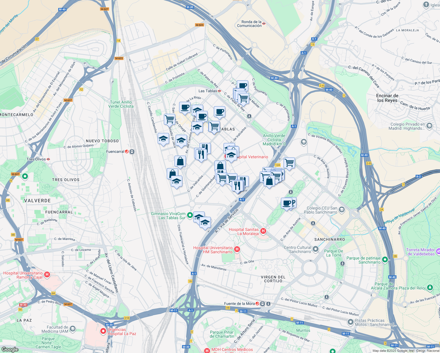 map of restaurants, bars, coffee shops, grocery stores, and more near 17 Calle Quintanavides in Madrid
