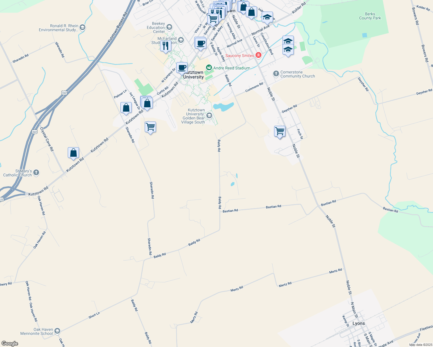 map of restaurants, bars, coffee shops, grocery stores, and more near 620 Baldy Road in Kutztown