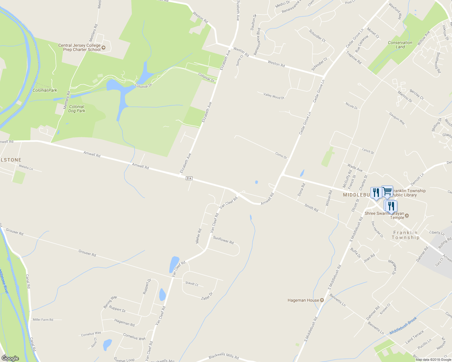 map of restaurants, bars, coffee shops, grocery stores, and more near 1997 Amwell Road in Franklin Township