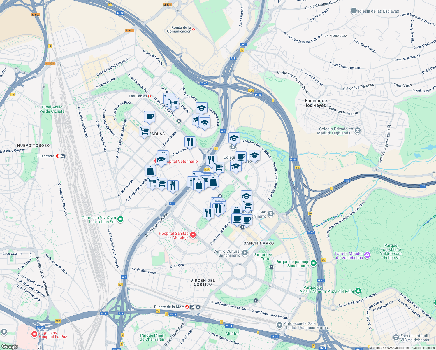 map of restaurants, bars, coffee shops, grocery stores, and more near 28 Calle de María de Portugal in Madrid
