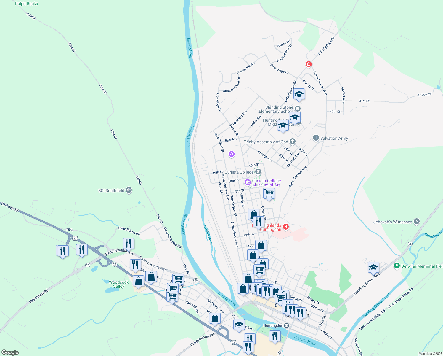 map of restaurants, bars, coffee shops, grocery stores, and more near 1813 Penn St in Huntingdon