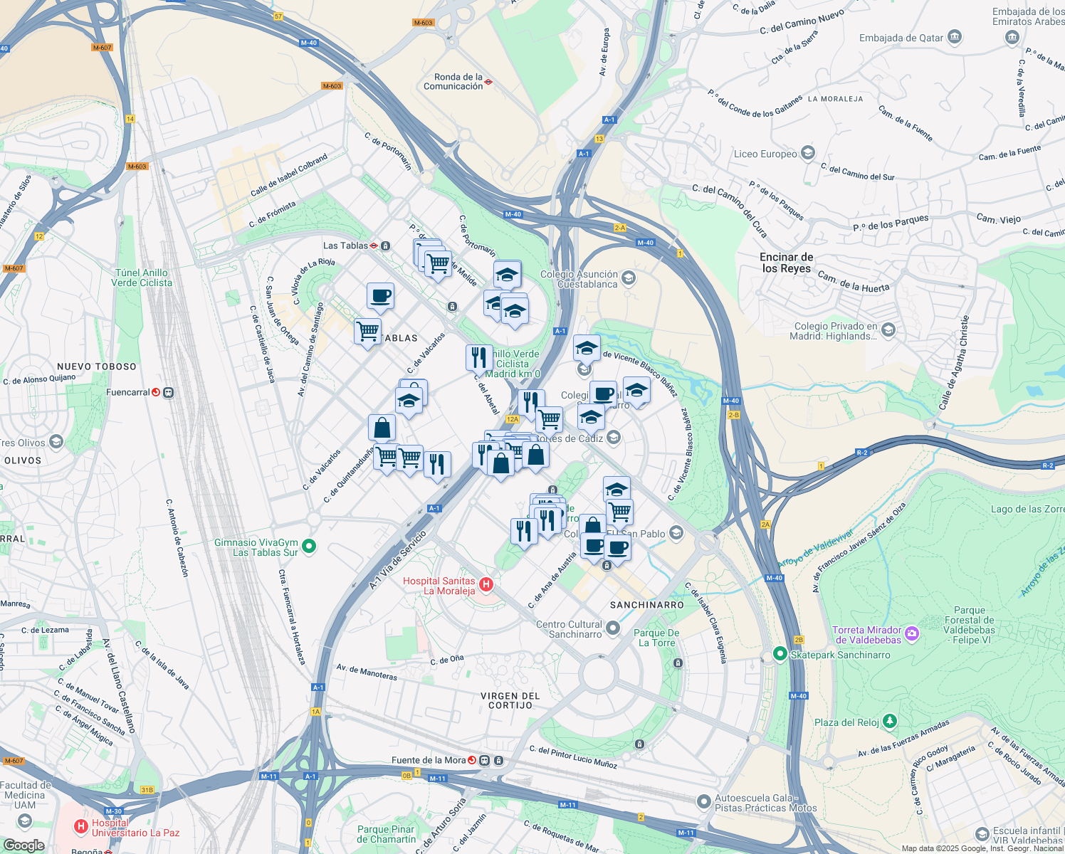 map of restaurants, bars, coffee shops, grocery stores, and more near 28 Calle de María de Portugal in Madrid