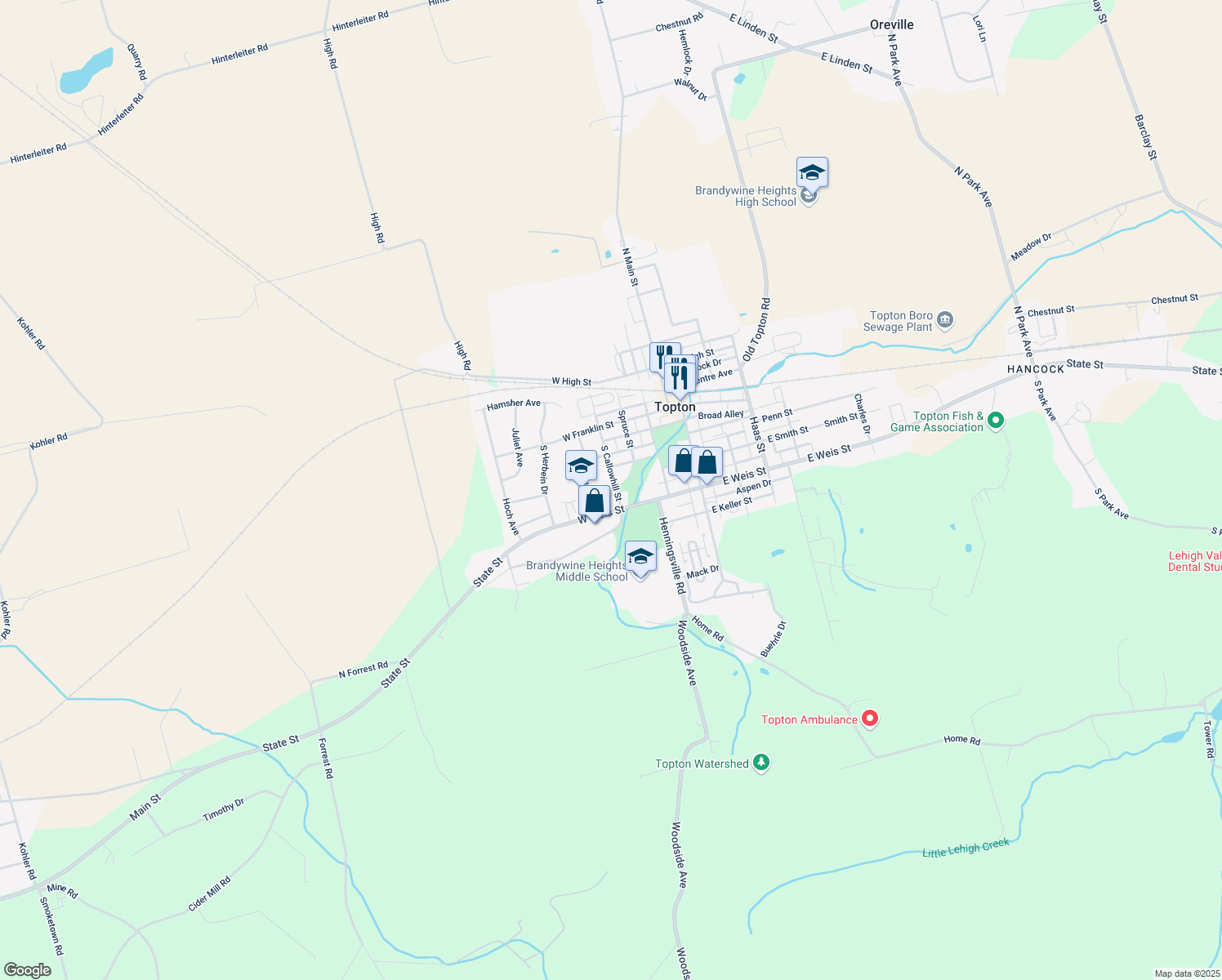 map of restaurants, bars, coffee shops, grocery stores, and more near 208 South Callowhill Street in Topton