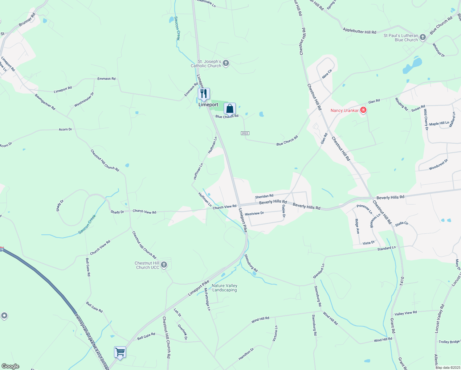 map of restaurants, bars, coffee shops, grocery stores, and more near 1675 Limeport Pike in Coopersburg