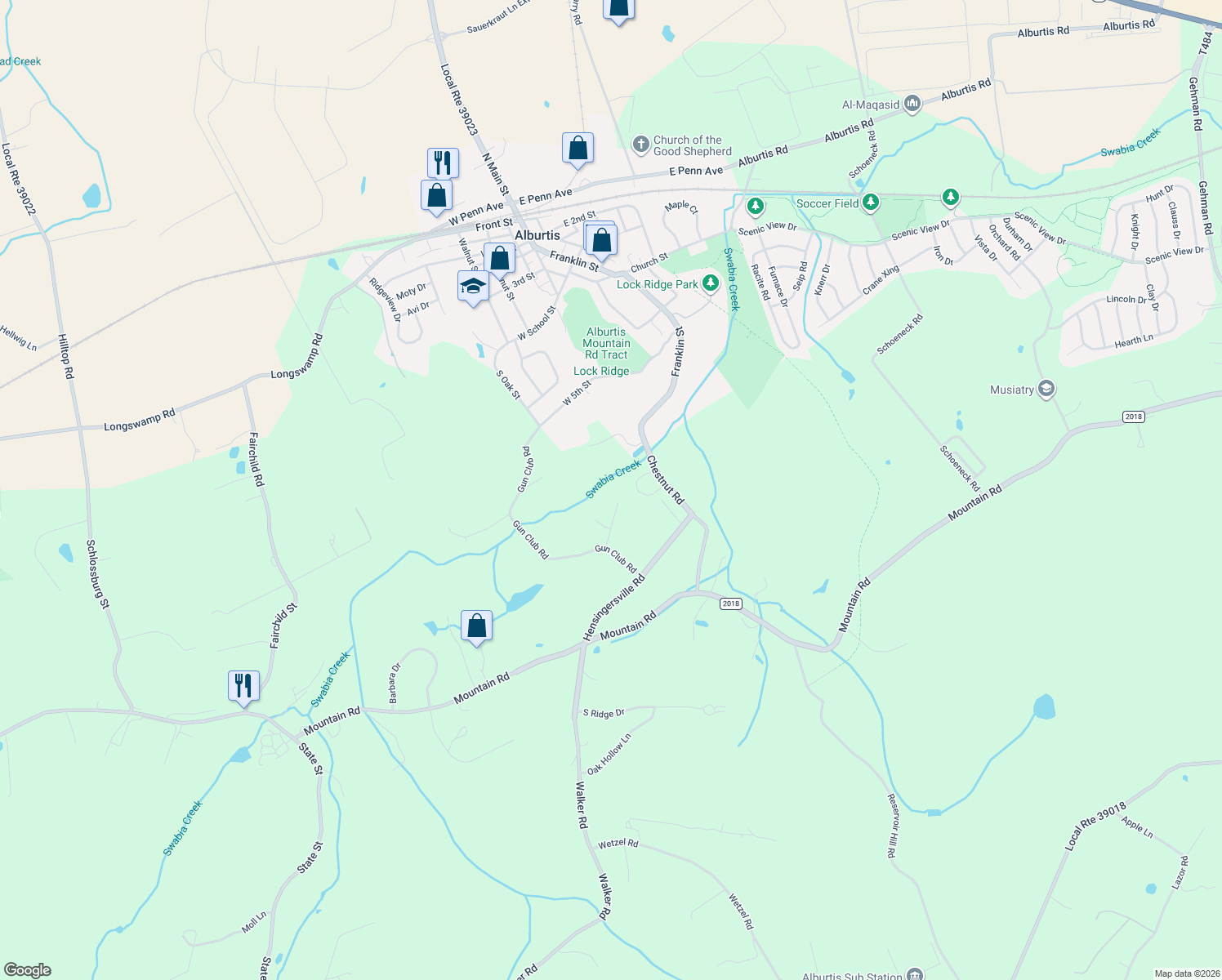 map of restaurants, bars, coffee shops, grocery stores, and more near 8320 Winchester Lane in Alburtis