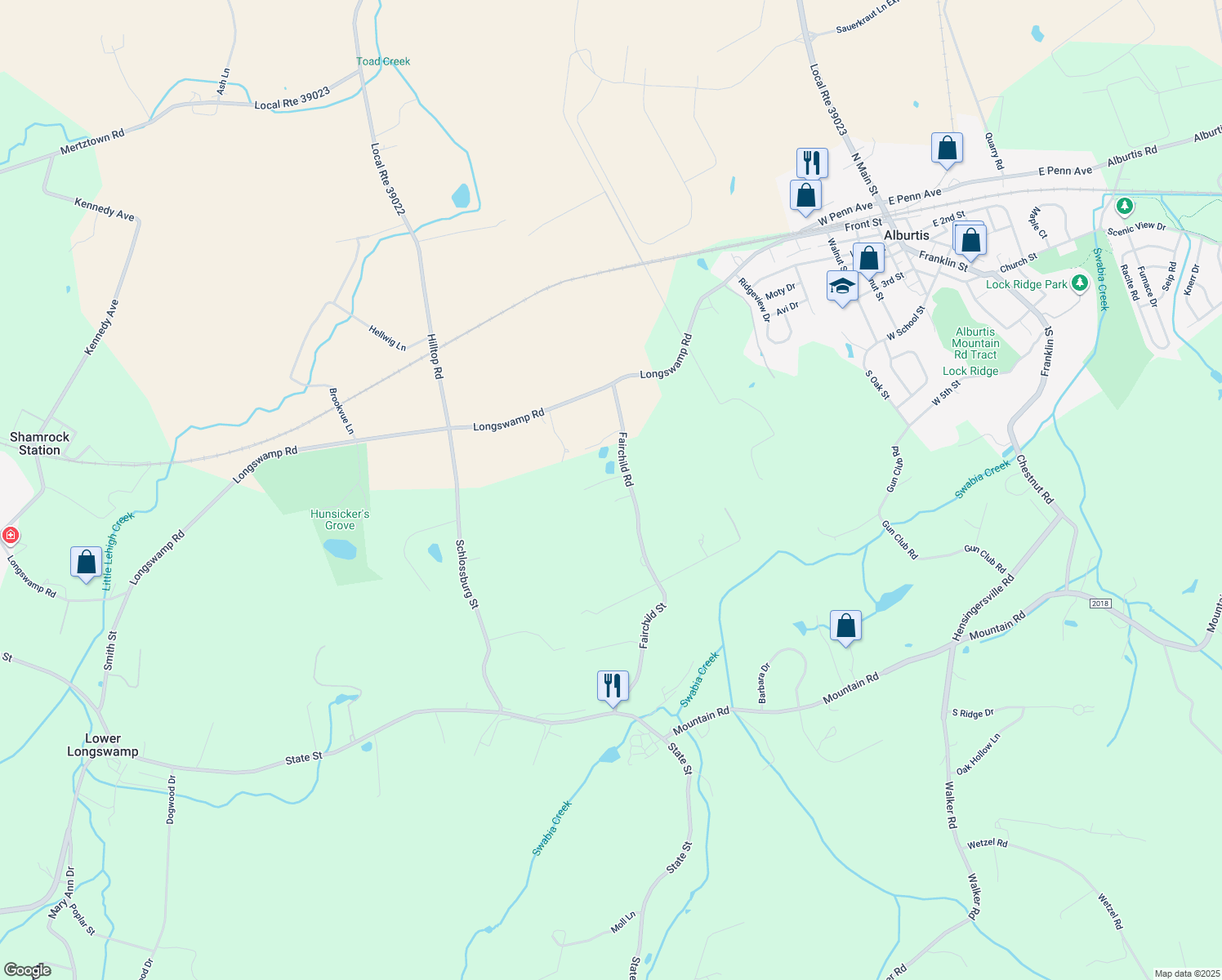 map of restaurants, bars, coffee shops, grocery stores, and more near 3434 Fairchild Street in Alburtis