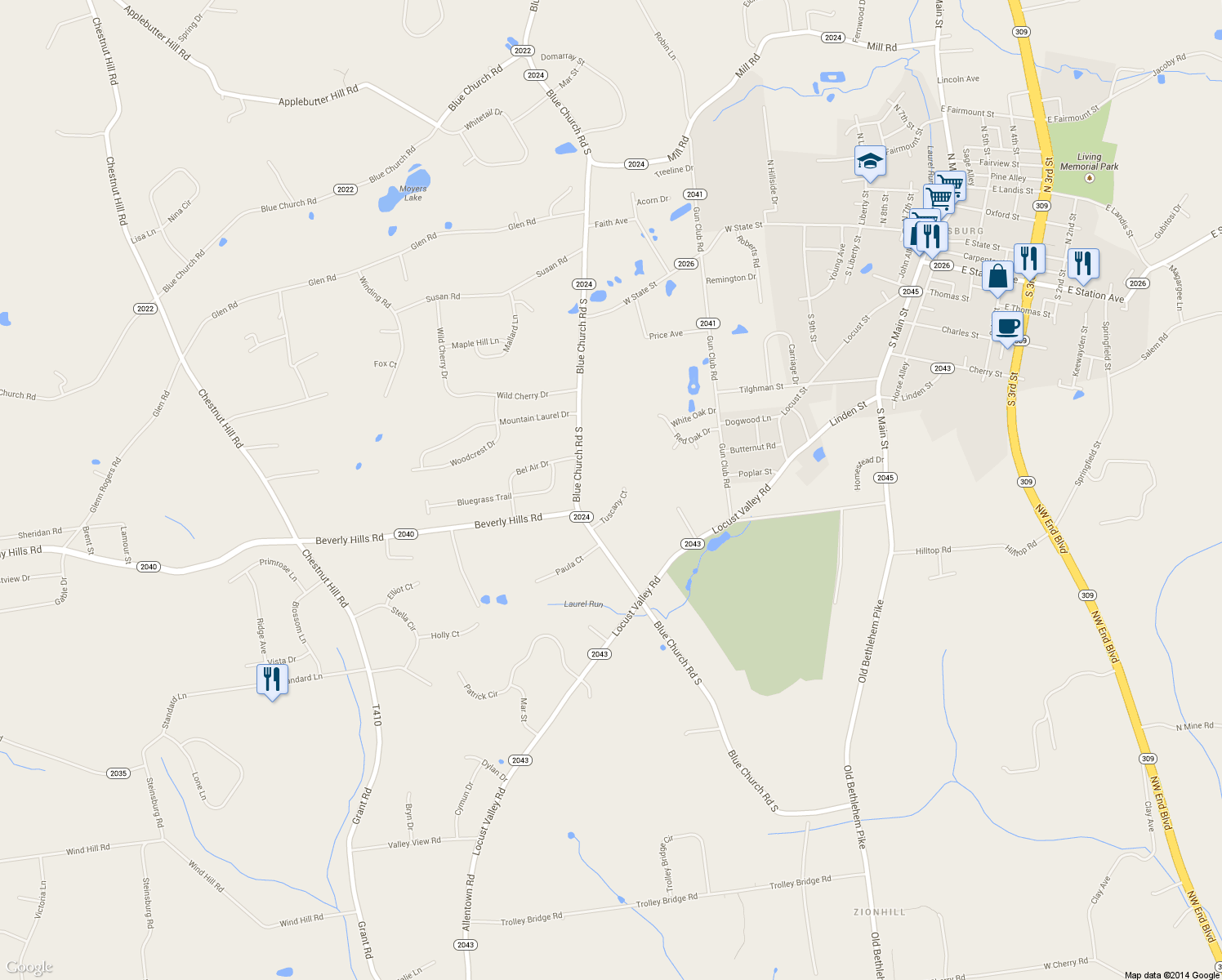 map of restaurants, bars, coffee shops, grocery stores, and more near 5605 Tuscany Court in Coopersburg