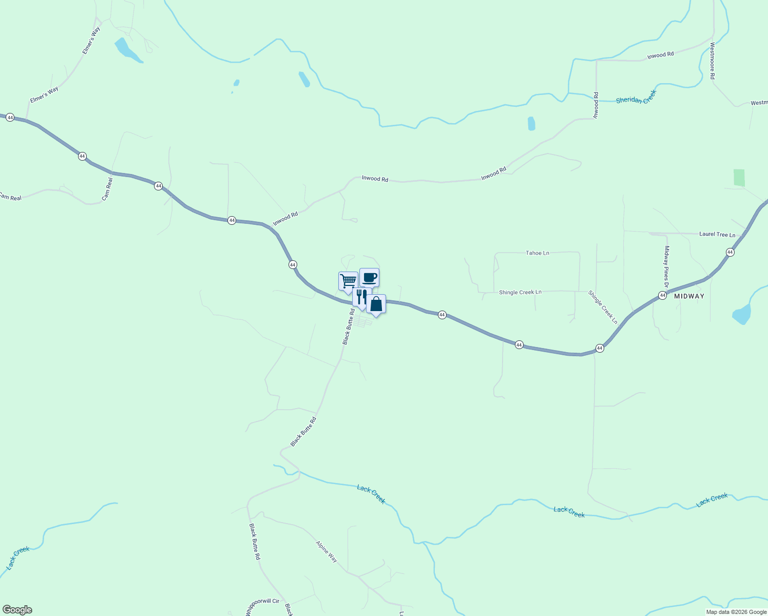 map of restaurants, bars, coffee shops, grocery stores, and more near 28555 Highway 44 in Shingletown