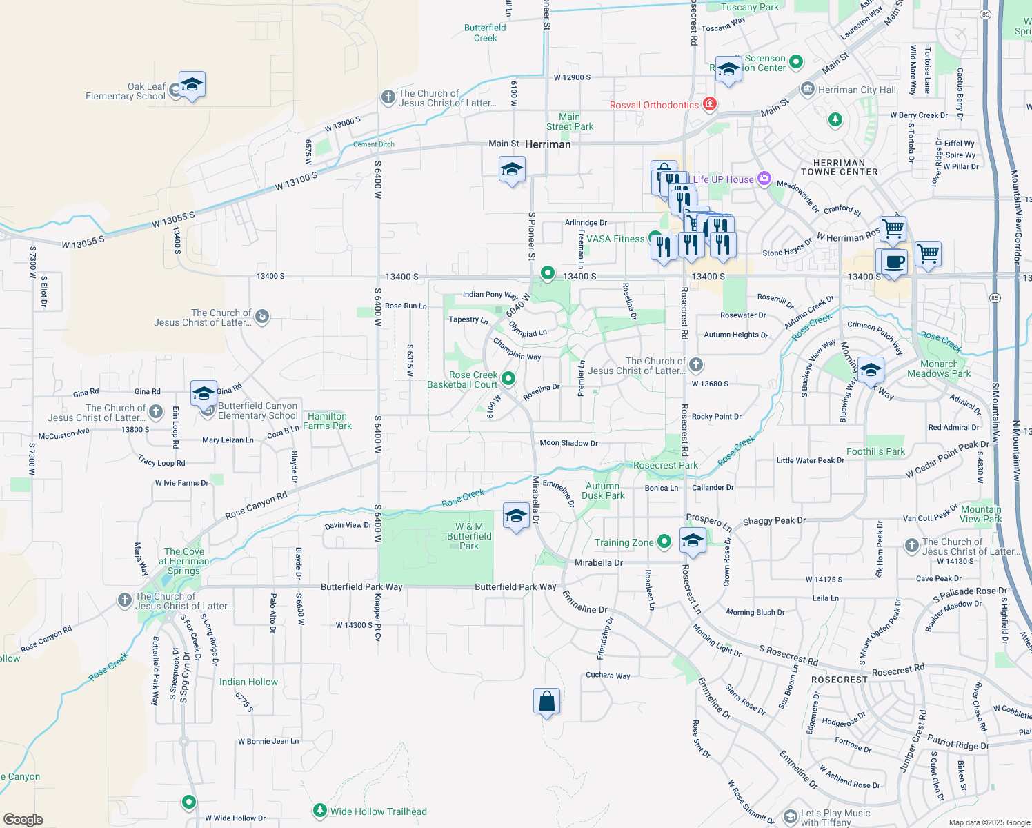 map of restaurants, bars, coffee shops, grocery stores, and more near 6039 Intrigue Dr in Herriman