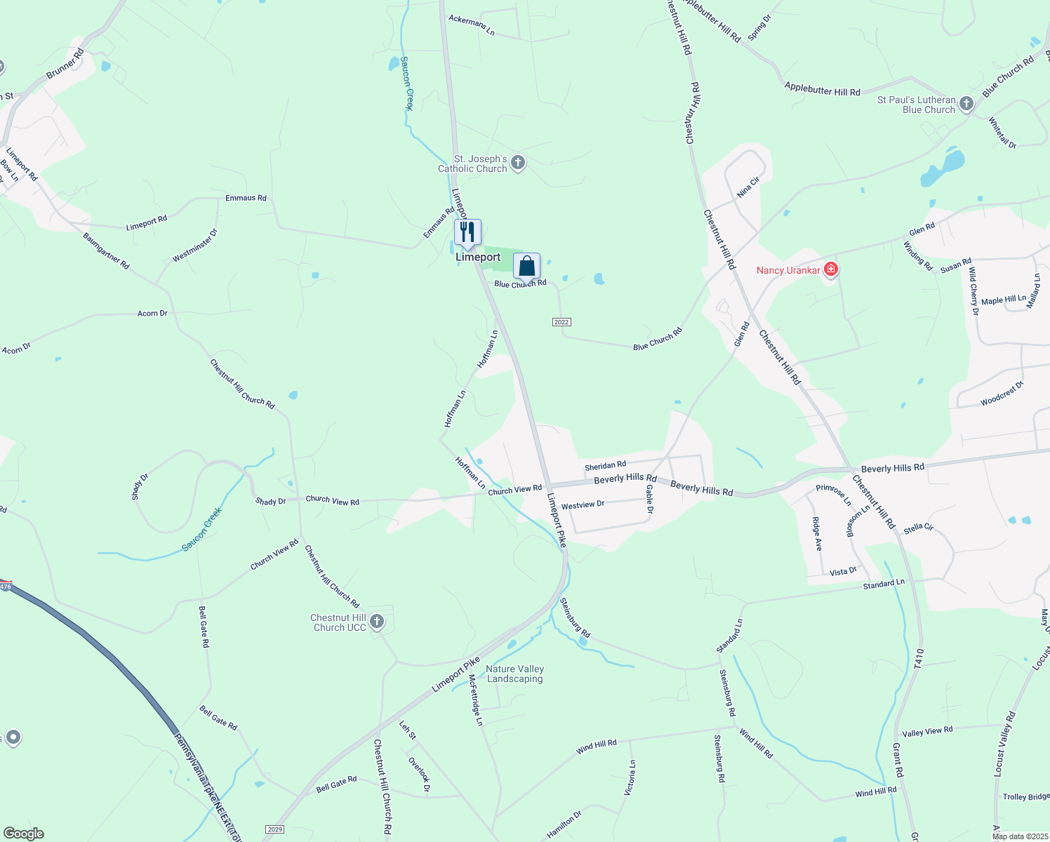 map of restaurants, bars, coffee shops, grocery stores, and more near 1653 Limeport Pike in Coopersburg