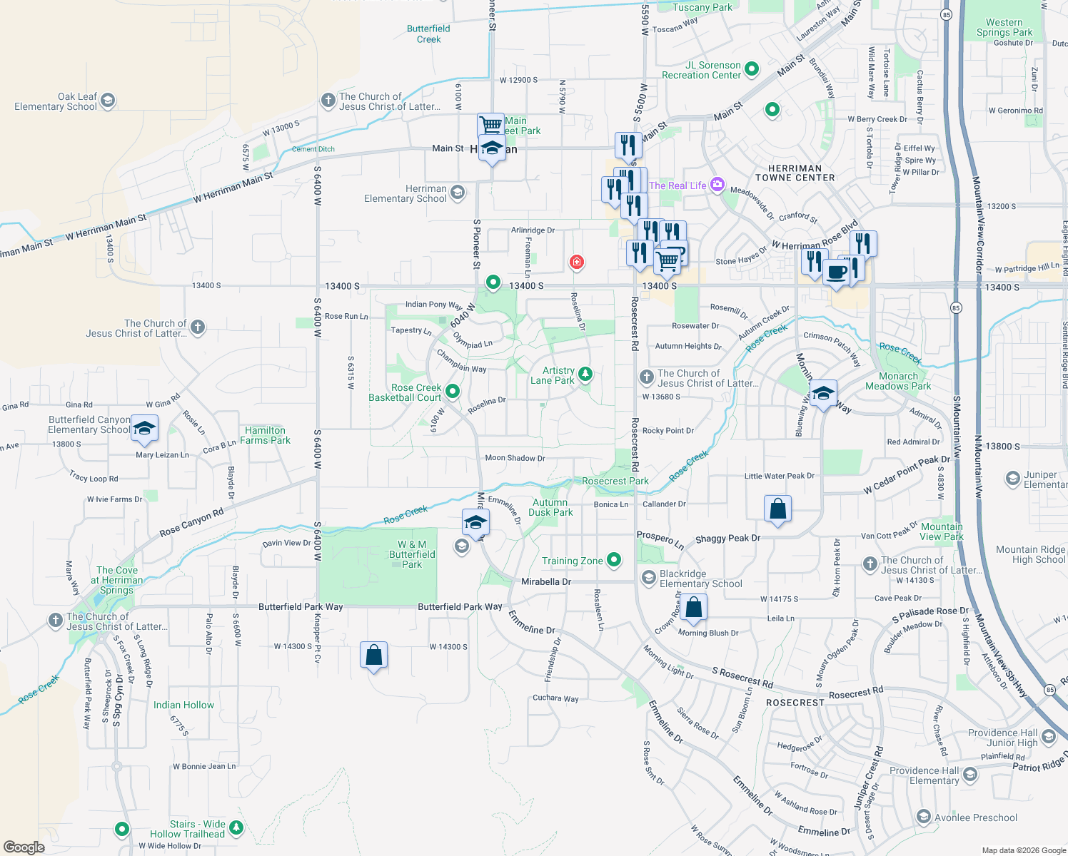 map of restaurants, bars, coffee shops, grocery stores, and more near 13757 Premier Ln in Herriman