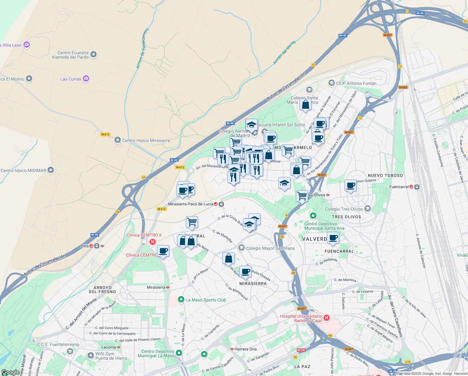 map of restaurants, bars, coffee shops, grocery stores, and more near 9 Calle del Monasterio de Las Huelgas in Madrid