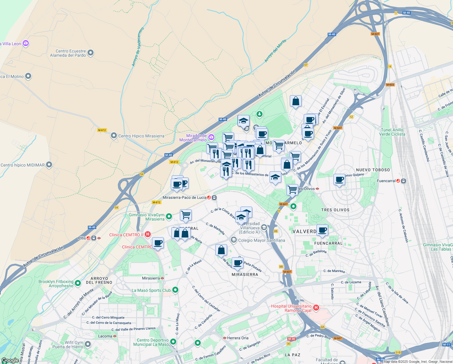 map of restaurants, bars, coffee shops, grocery stores, and more near 9 Calle del Monasterio de Las Huelgas in Madrid