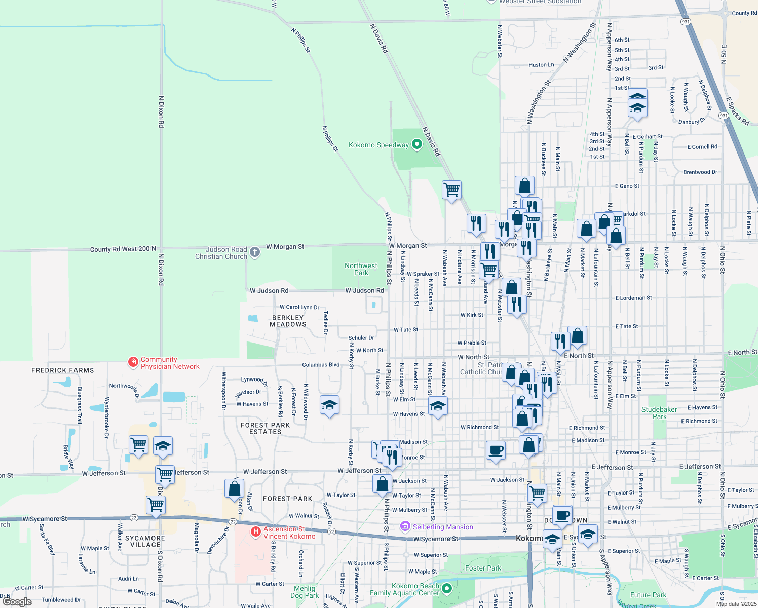 map of restaurants, bars, coffee shops, grocery stores, and more near 1606 Hutchins Drive in Kokomo