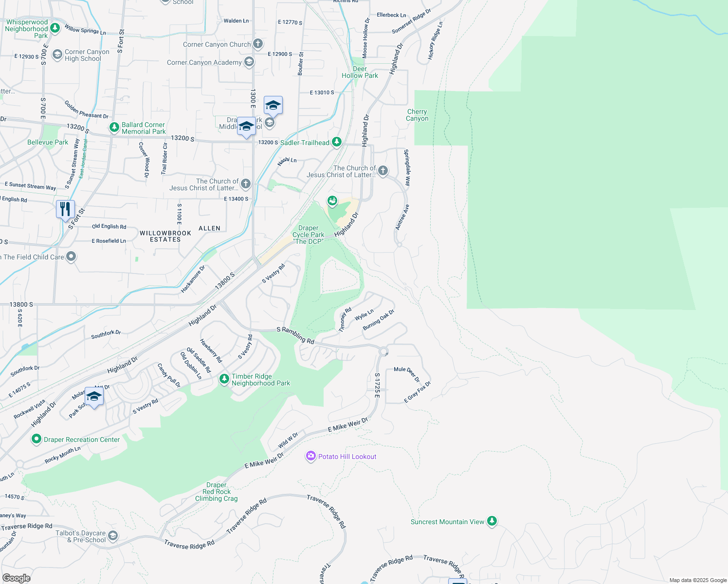 map of restaurants, bars, coffee shops, grocery stores, and more near 1671 Timoney Road in Draper
