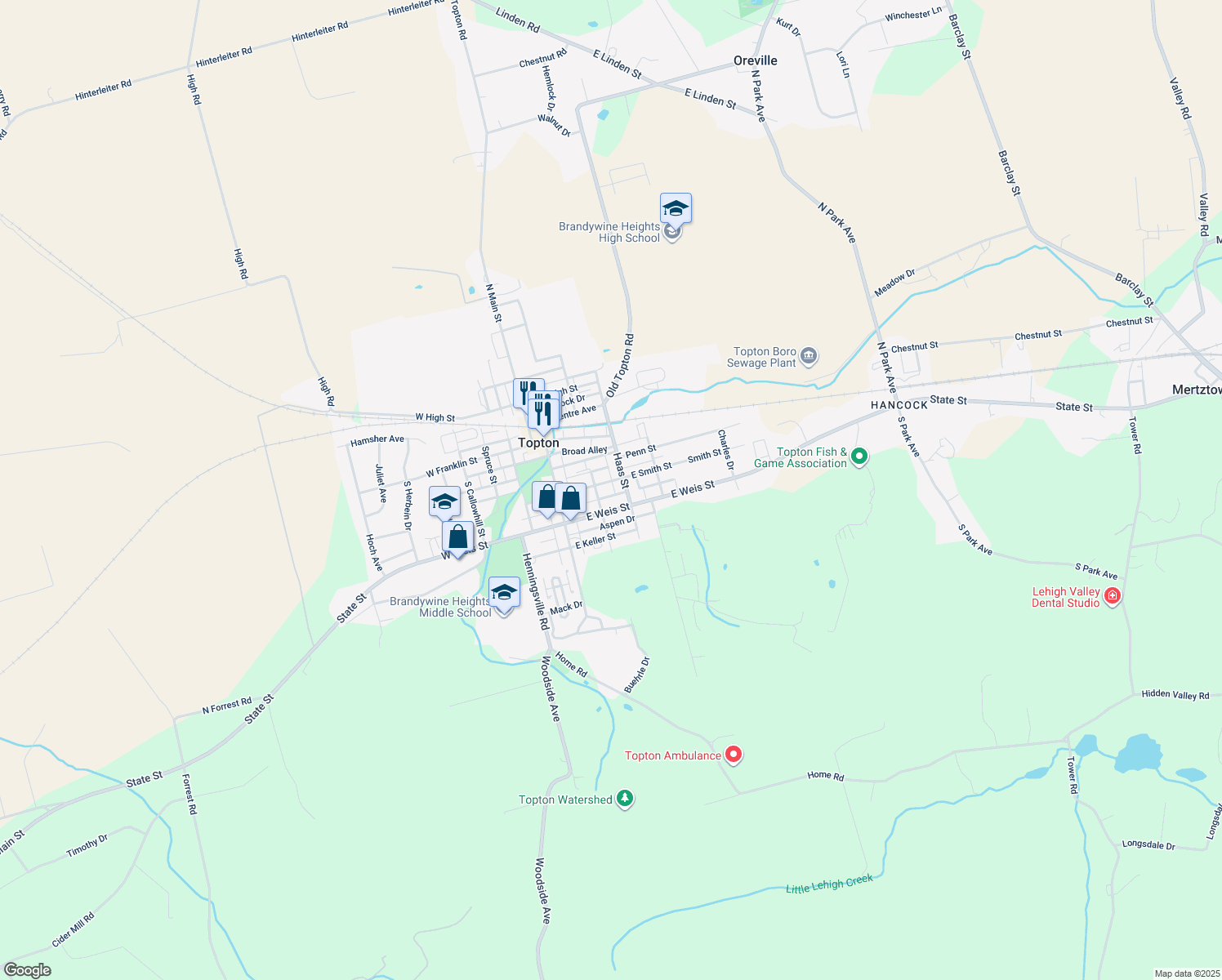map of restaurants, bars, coffee shops, grocery stores, and more near 120 East Smith Street in Topton