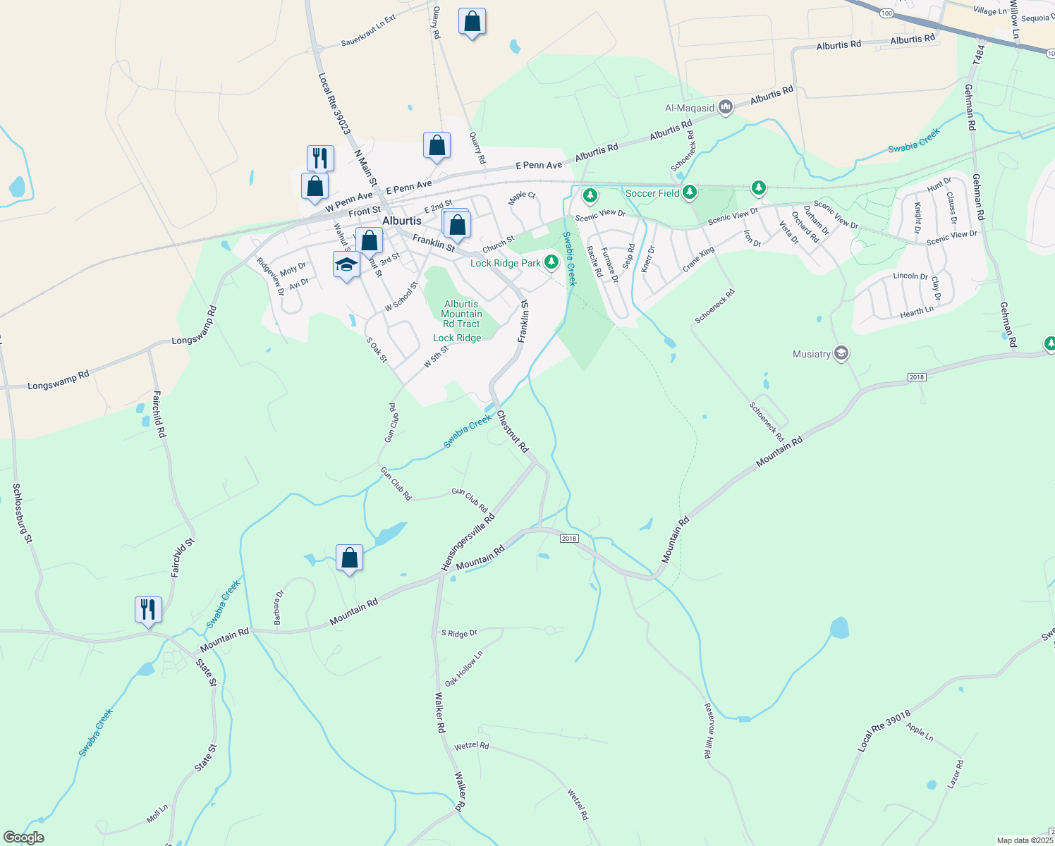 map of restaurants, bars, coffee shops, grocery stores, and more near 3797 Chestnut Road in Alburtis