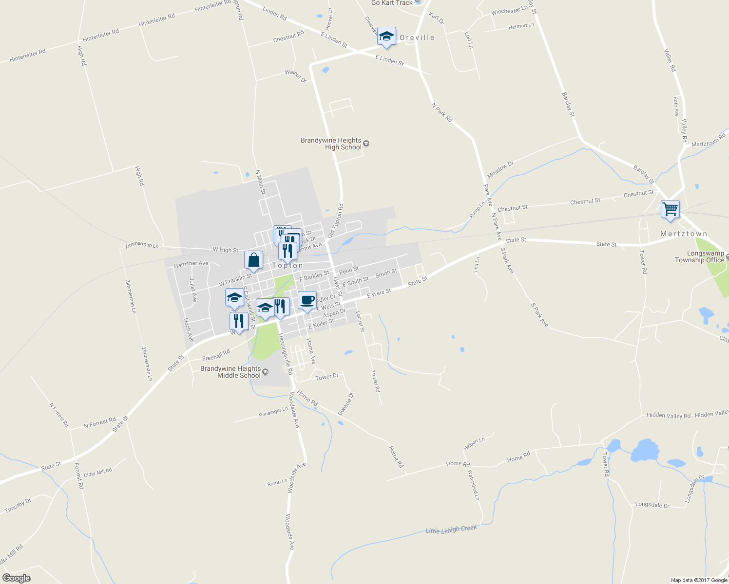 map of restaurants, bars, coffee shops, grocery stores, and more near 307 East Weis Street in Topton