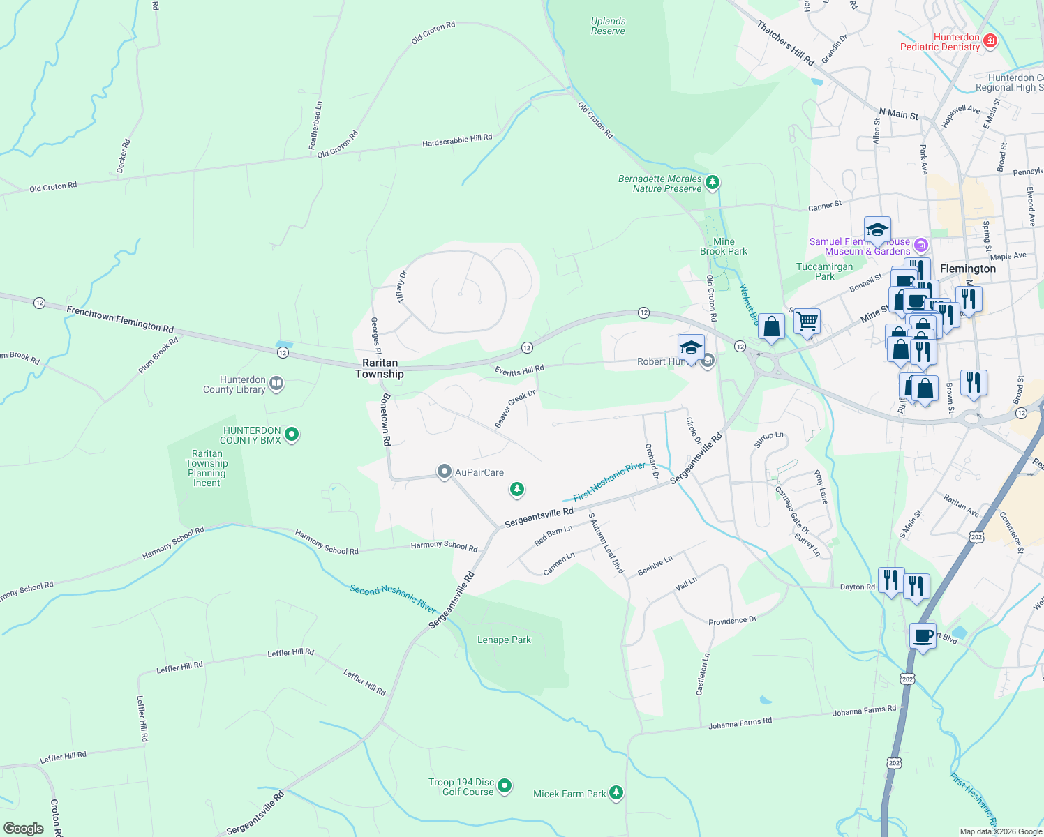 map of restaurants, bars, coffee shops, grocery stores, and more near 4 Columbine Drive in Flemington