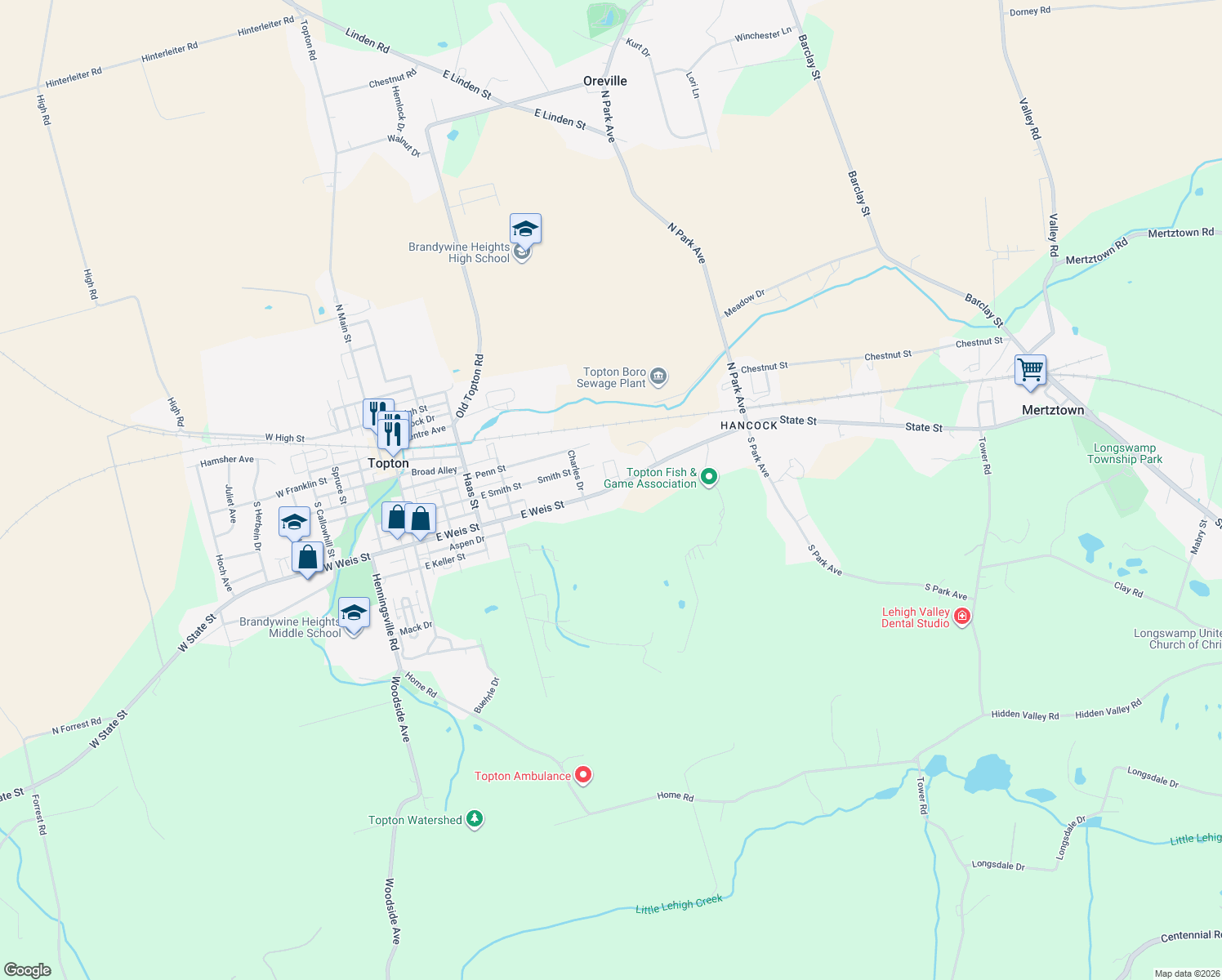 map of restaurants, bars, coffee shops, grocery stores, and more near 570 State Street in Mertztown