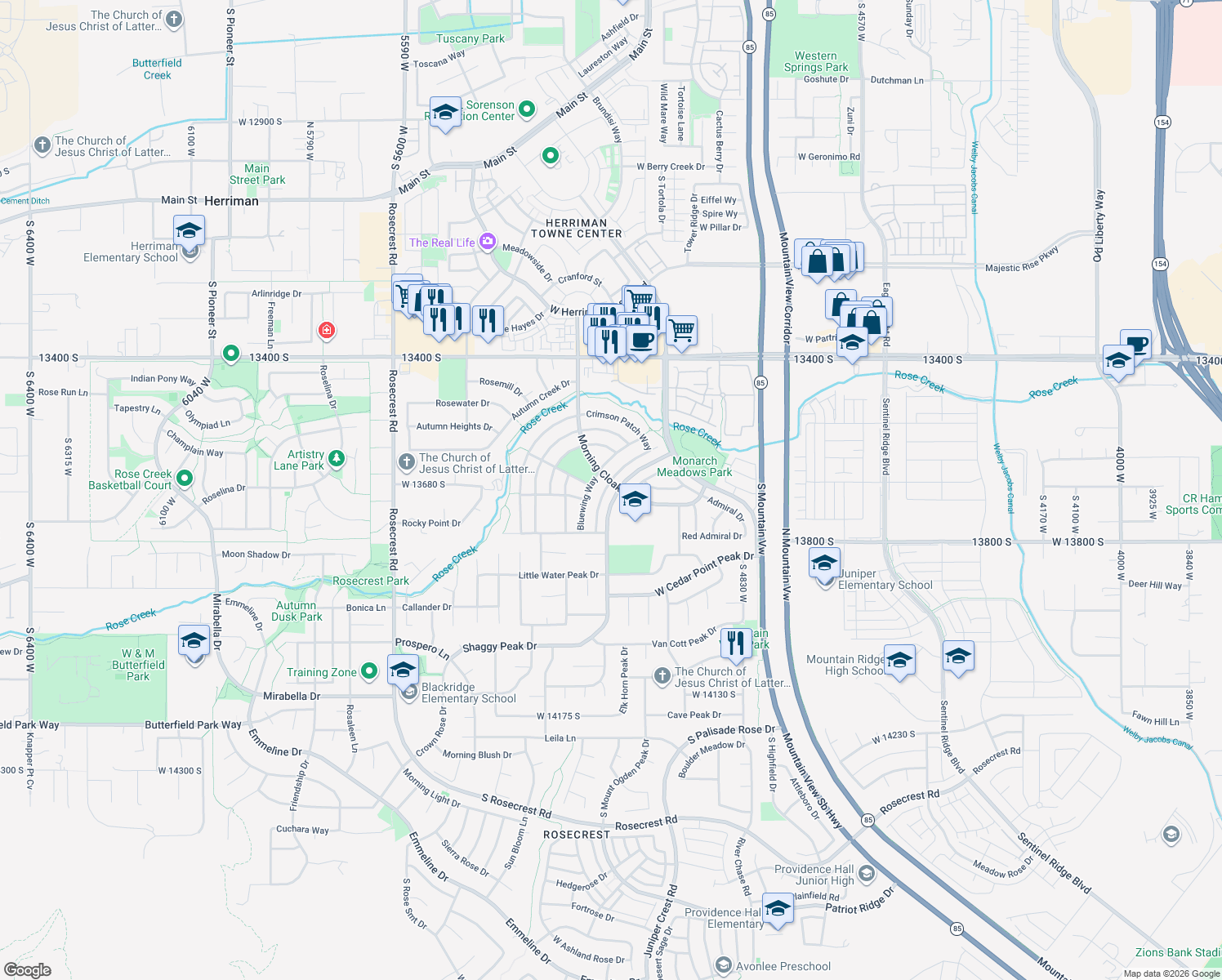 map of restaurants, bars, coffee shops, grocery stores, and more near 13683 Daggerwing Way in Riverton