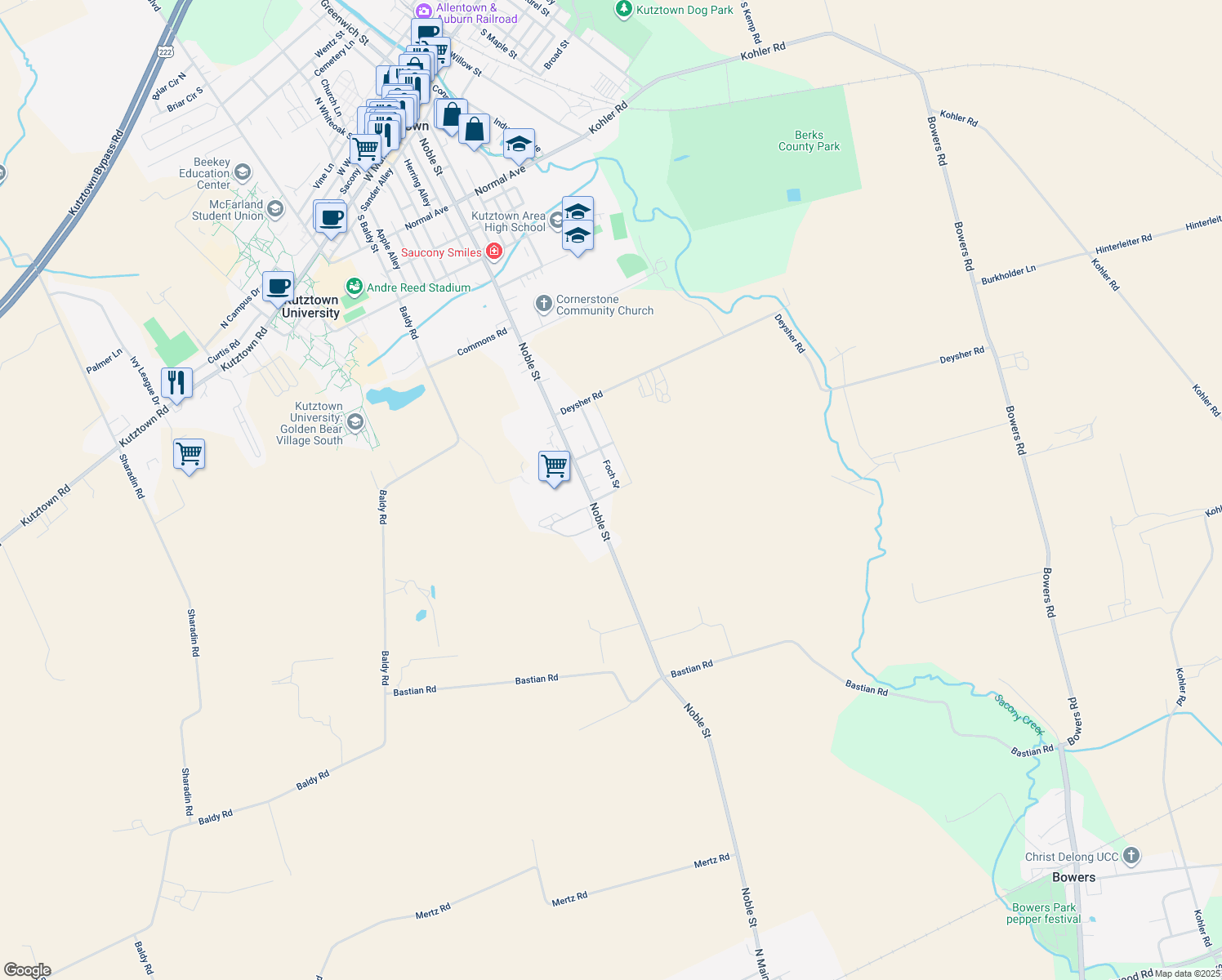 map of restaurants, bars, coffee shops, grocery stores, and more near 21 Foch Street in Kutztown