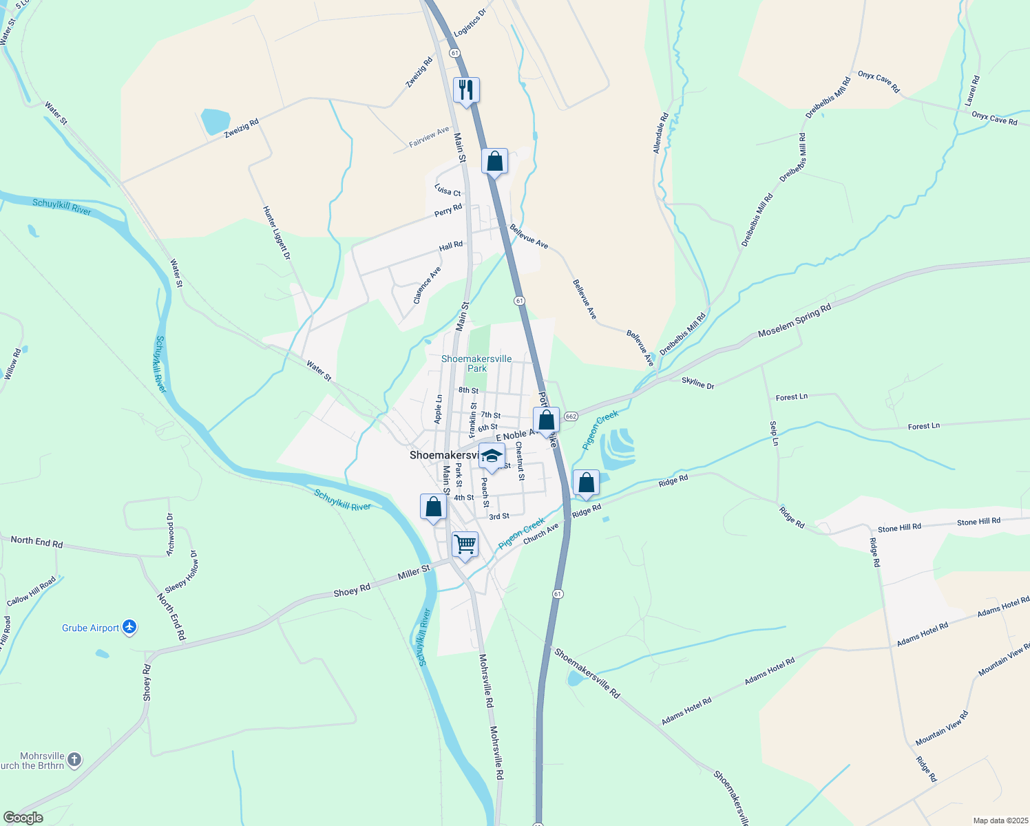 map of restaurants, bars, coffee shops, grocery stores, and more near 702 Chestnut Street in Shoemakersville