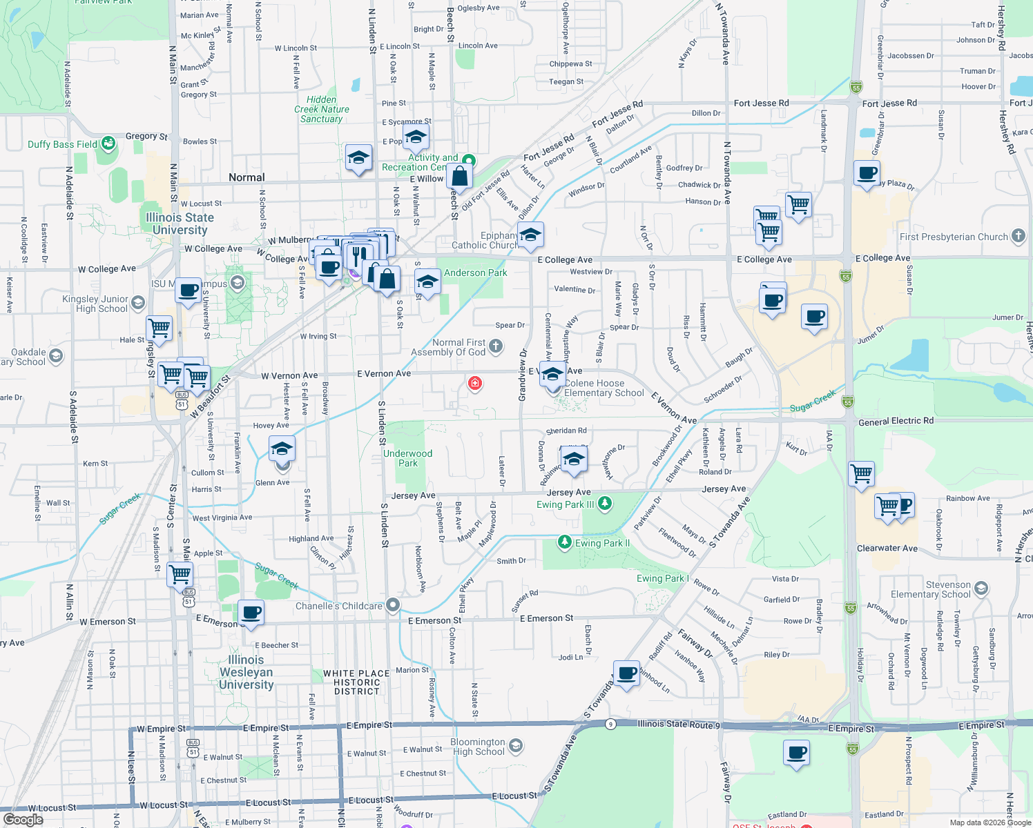 map of restaurants, bars, coffee shops, grocery stores, and more near 615 Grandview Drive in Normal