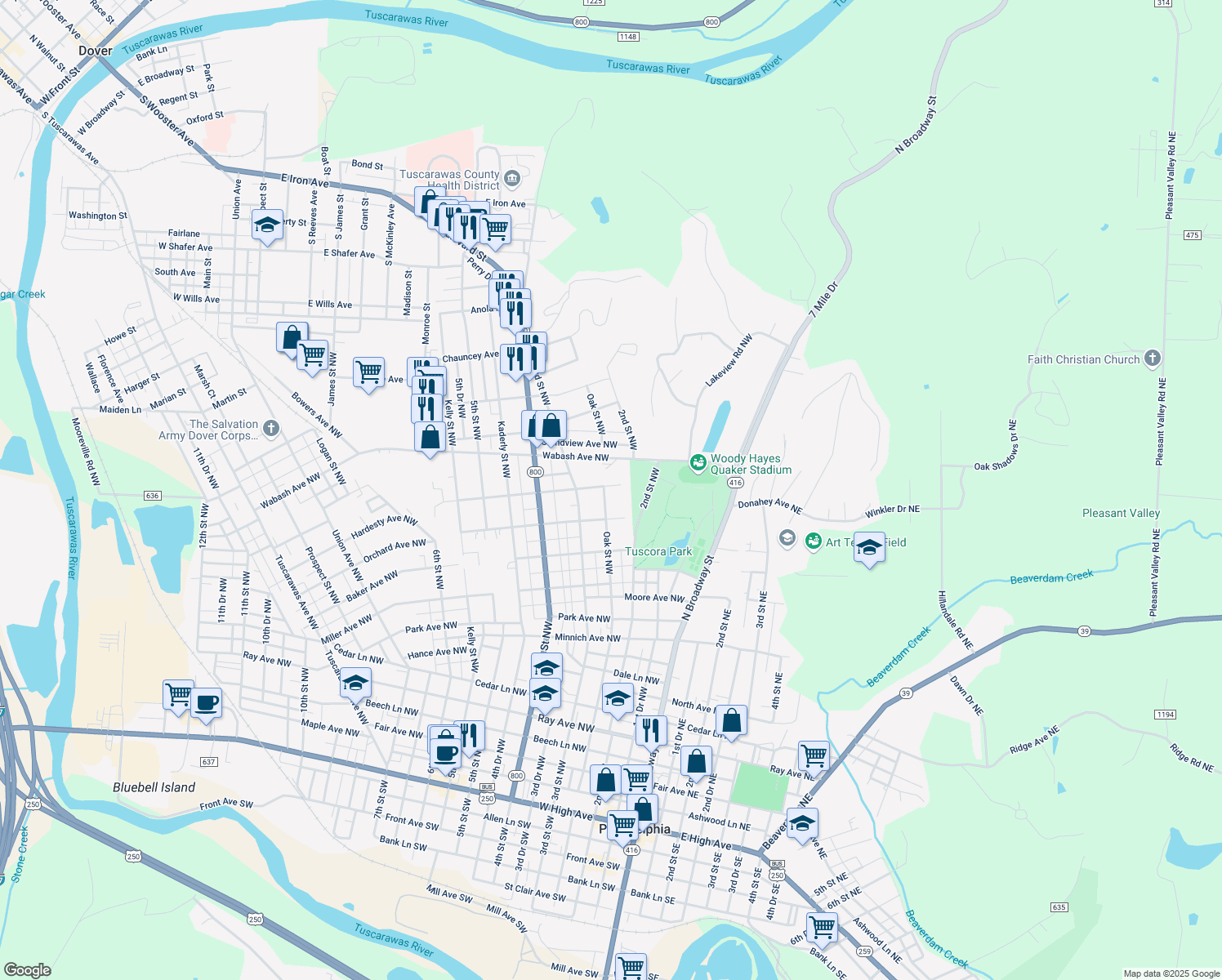 map of restaurants, bars, coffee shops, grocery stores, and more near 939 Oak Street Northwest in New Philadelphia