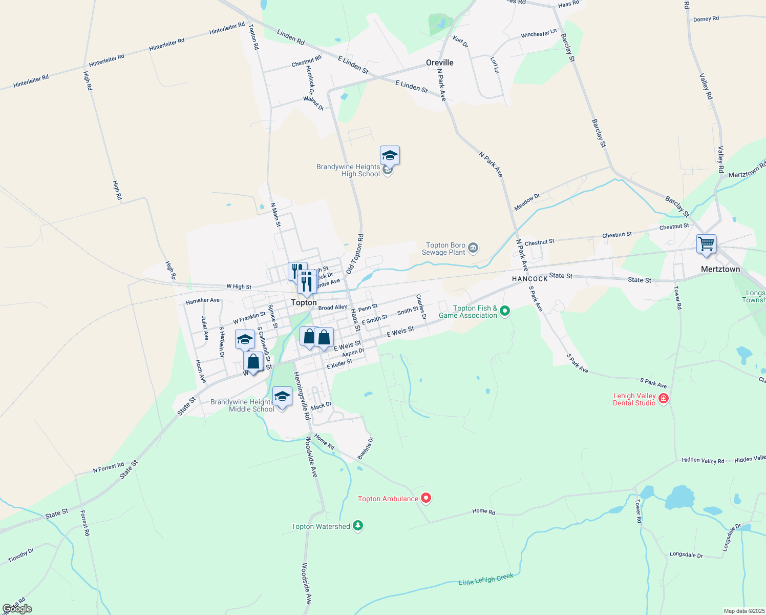 map of restaurants, bars, coffee shops, grocery stores, and more near 318 Penn St in Topton