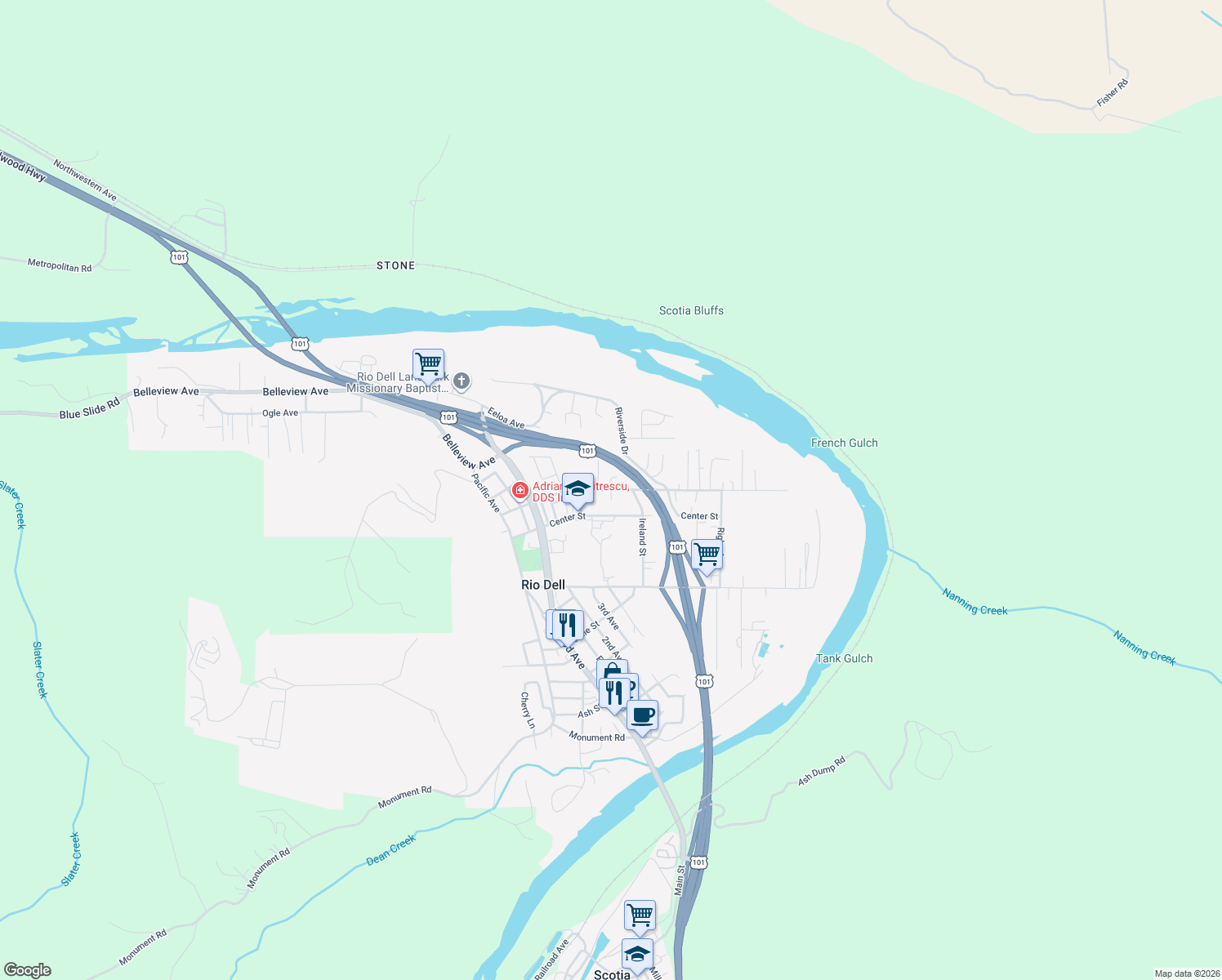 map of restaurants, bars, coffee shops, grocery stores, and more near 139 Painter Street in Rio Dell