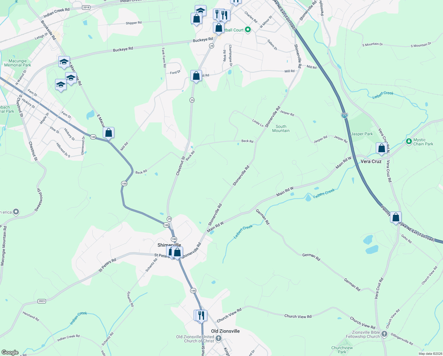map of restaurants, bars, coffee shops, grocery stores, and more near 4835 Shimerville Road in Emmaus