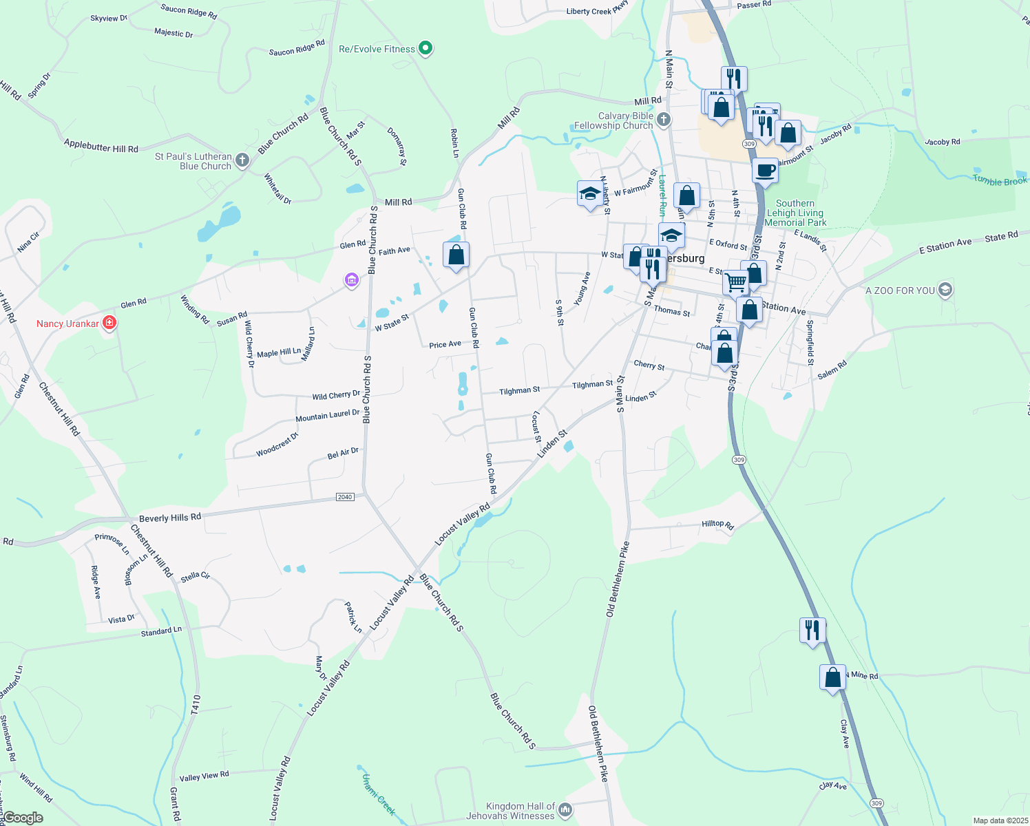 map of restaurants, bars, coffee shops, grocery stores, and more near 933 Dogwood Lane in Coopersburg