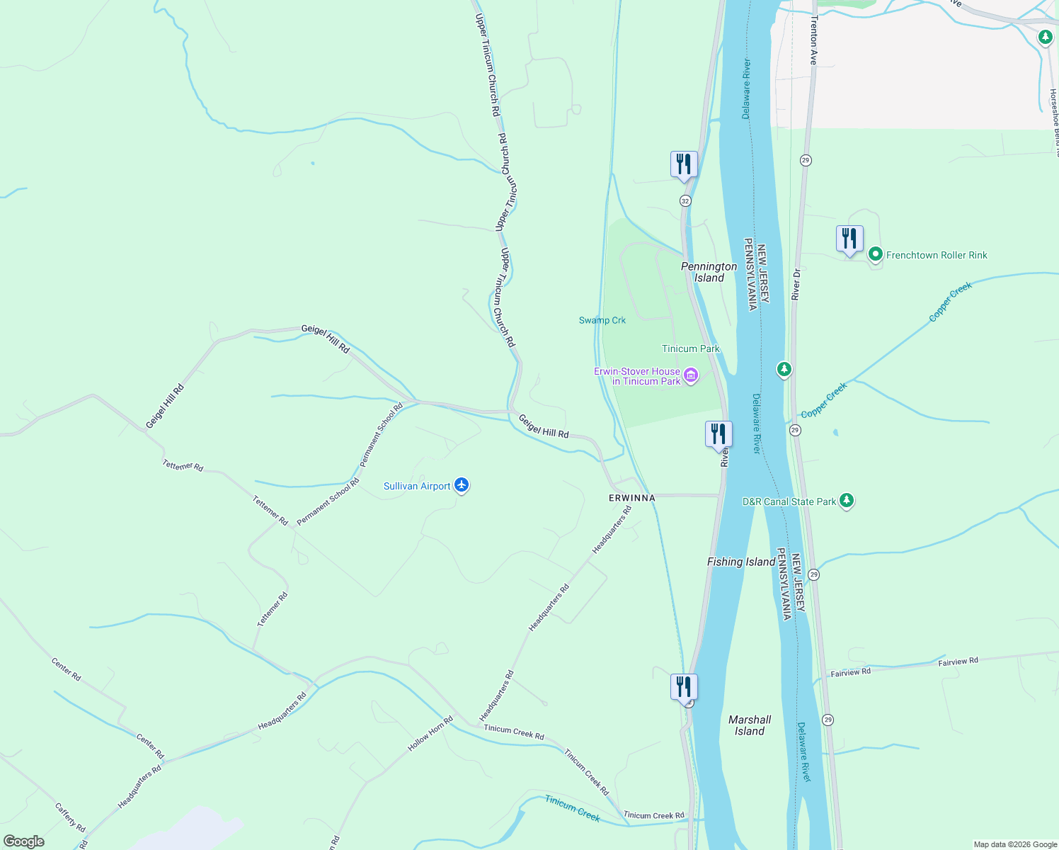 map of restaurants, bars, coffee shops, grocery stores, and more near 119 Geigel Hill Road in Bucks County