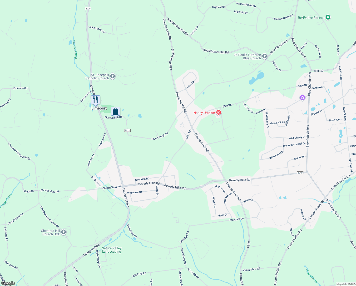 map of restaurants, bars, coffee shops, grocery stores, and more near 6349 Glen Road in Coopersburg