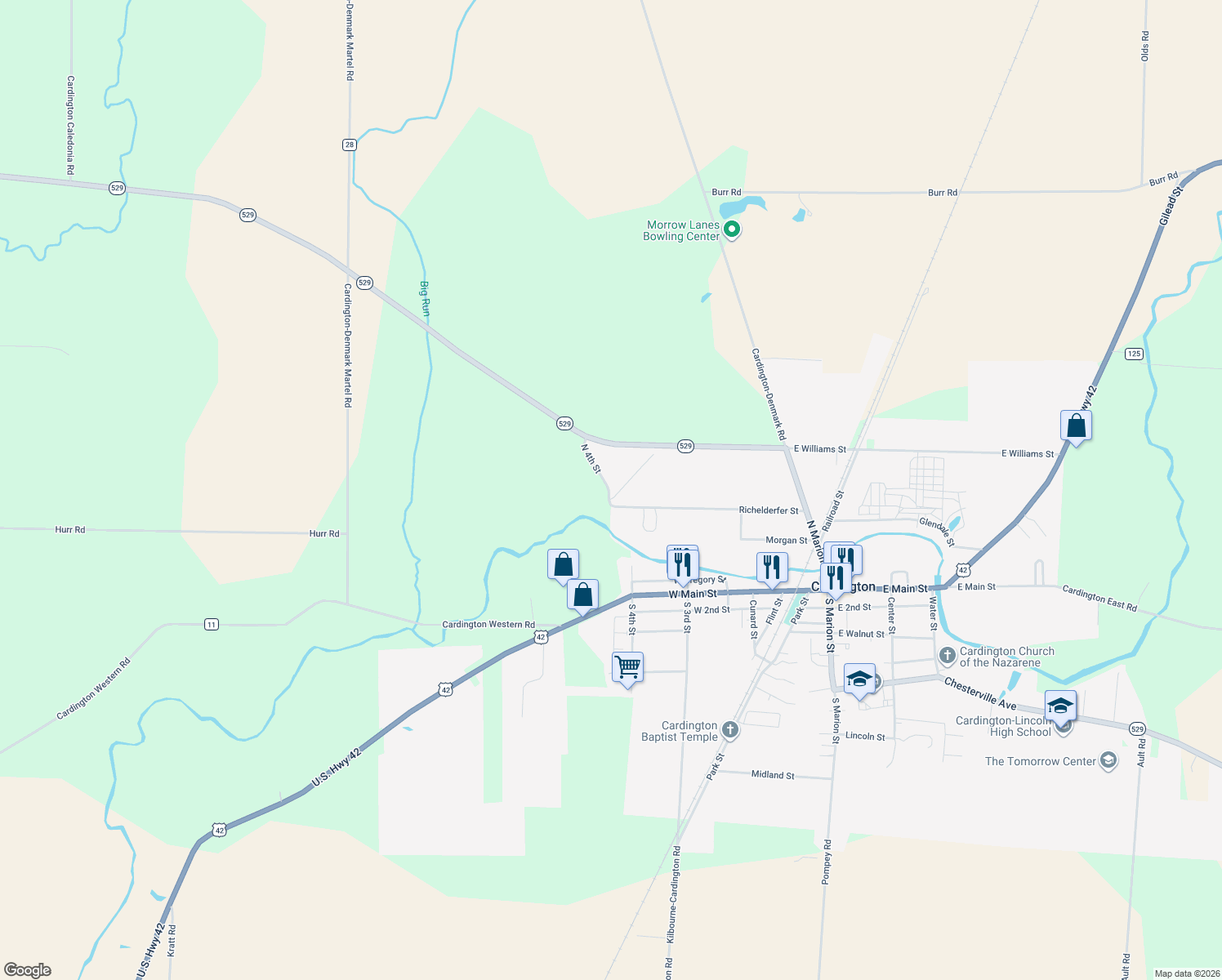map of restaurants, bars, coffee shops, grocery stores, and more near 197 N 4th St in Cardington