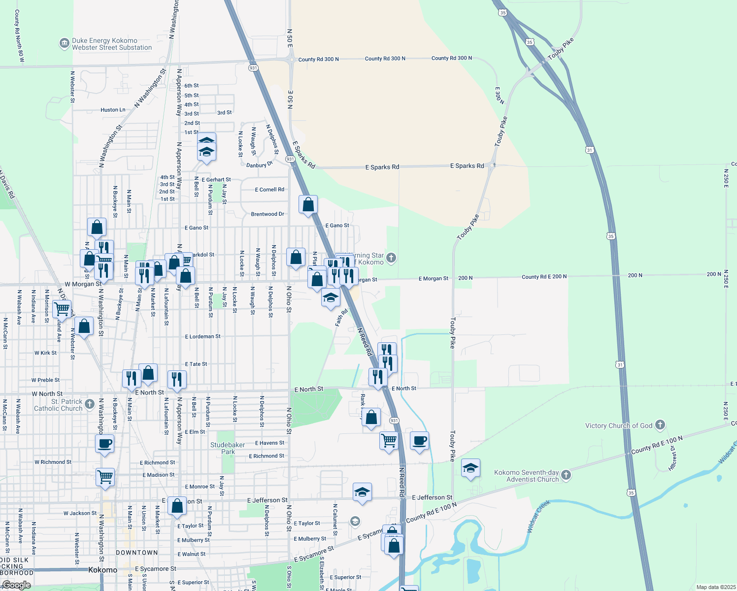 map of restaurants, bars, coffee shops, grocery stores, and more near 1605 Primrose Lane in Kokomo