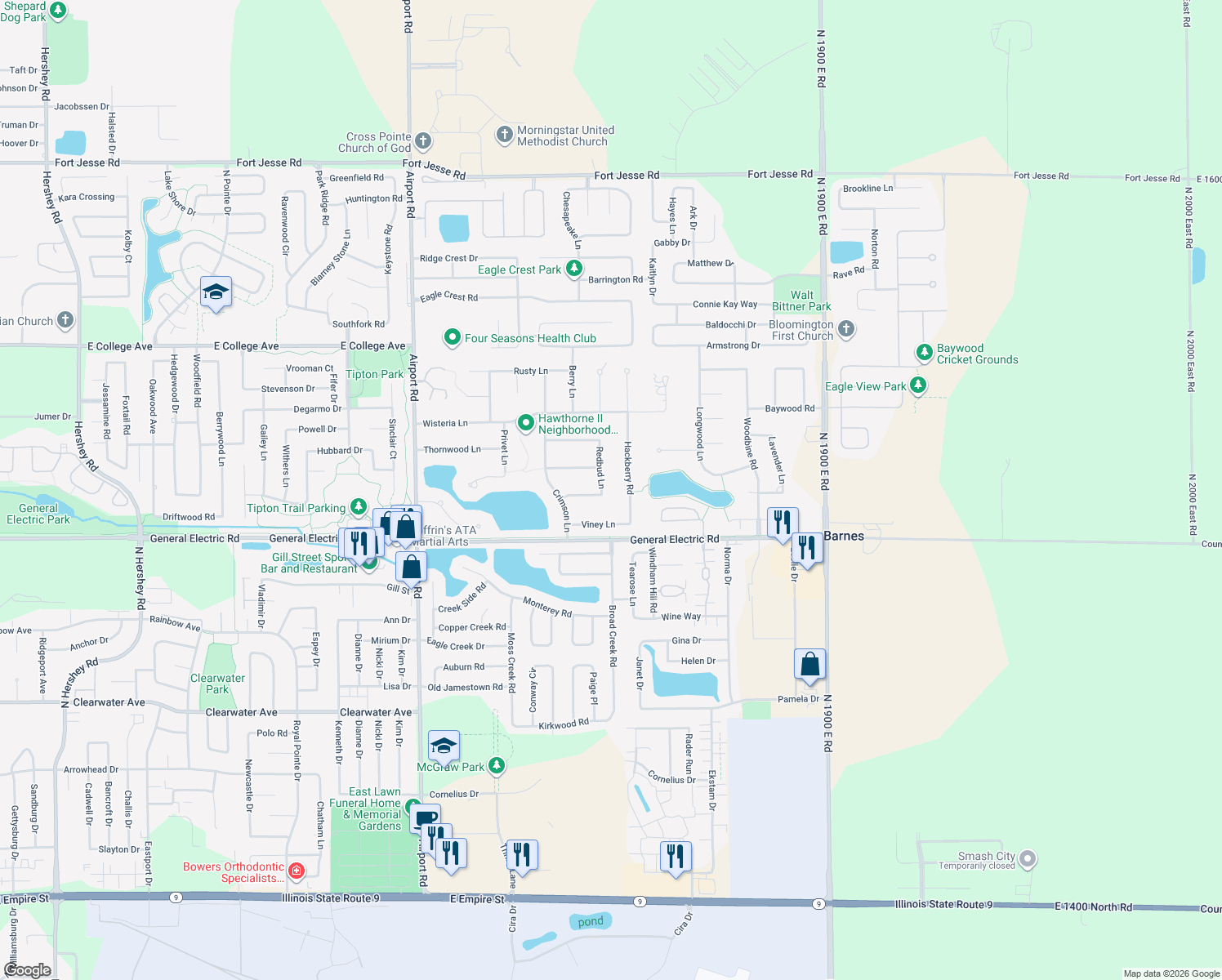 map of restaurants, bars, coffee shops, grocery stores, and more near 1903 Redbud Ln in Bloomington