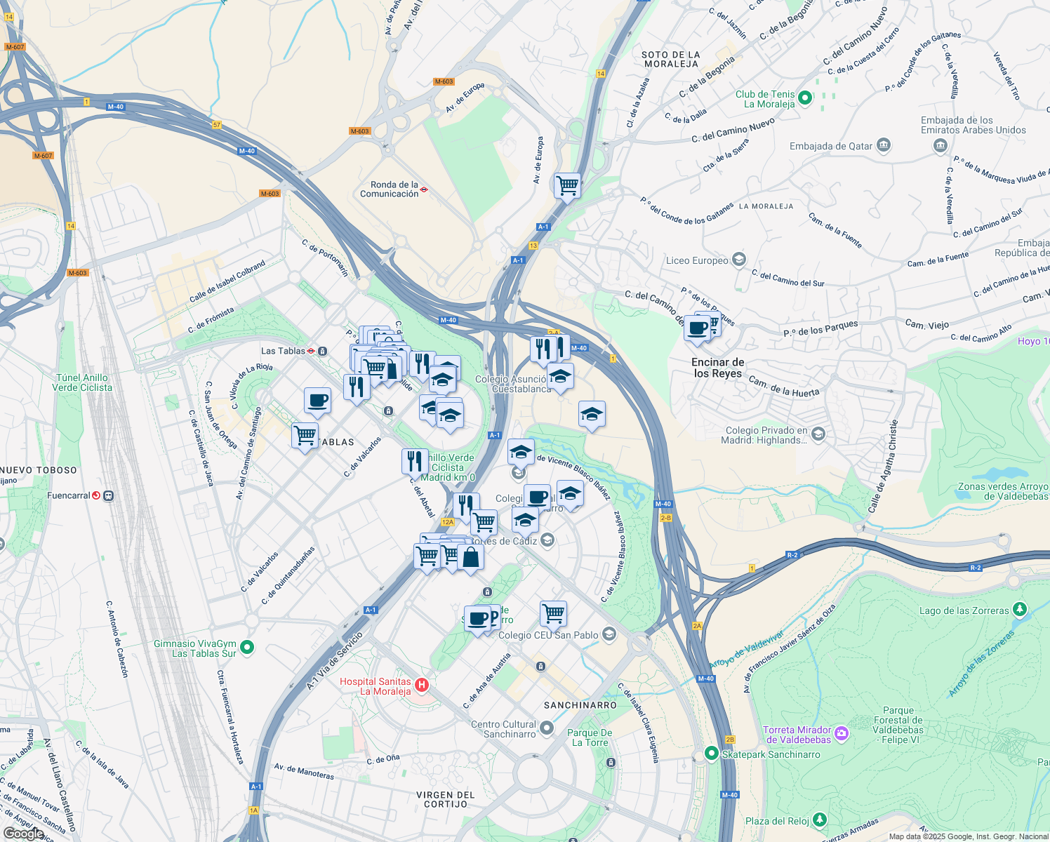 map of restaurants, bars, coffee shops, grocery stores, and more near 7 Calle de los Padres Dominicos in Madrid